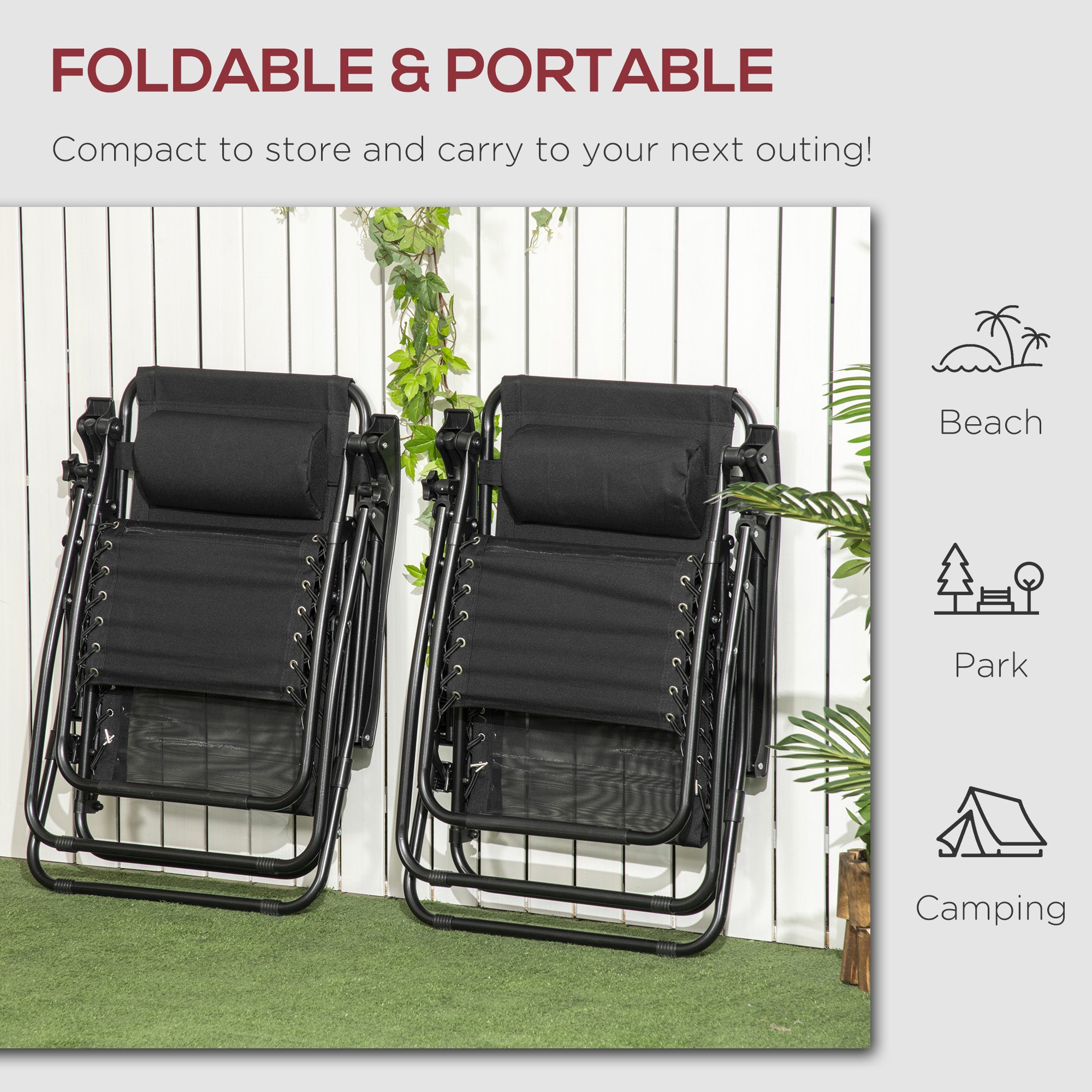 Garden Recliner Chairs Set of 2, Outdoor Foldable Zero Gravity w/ Footstool and Headrest, Black