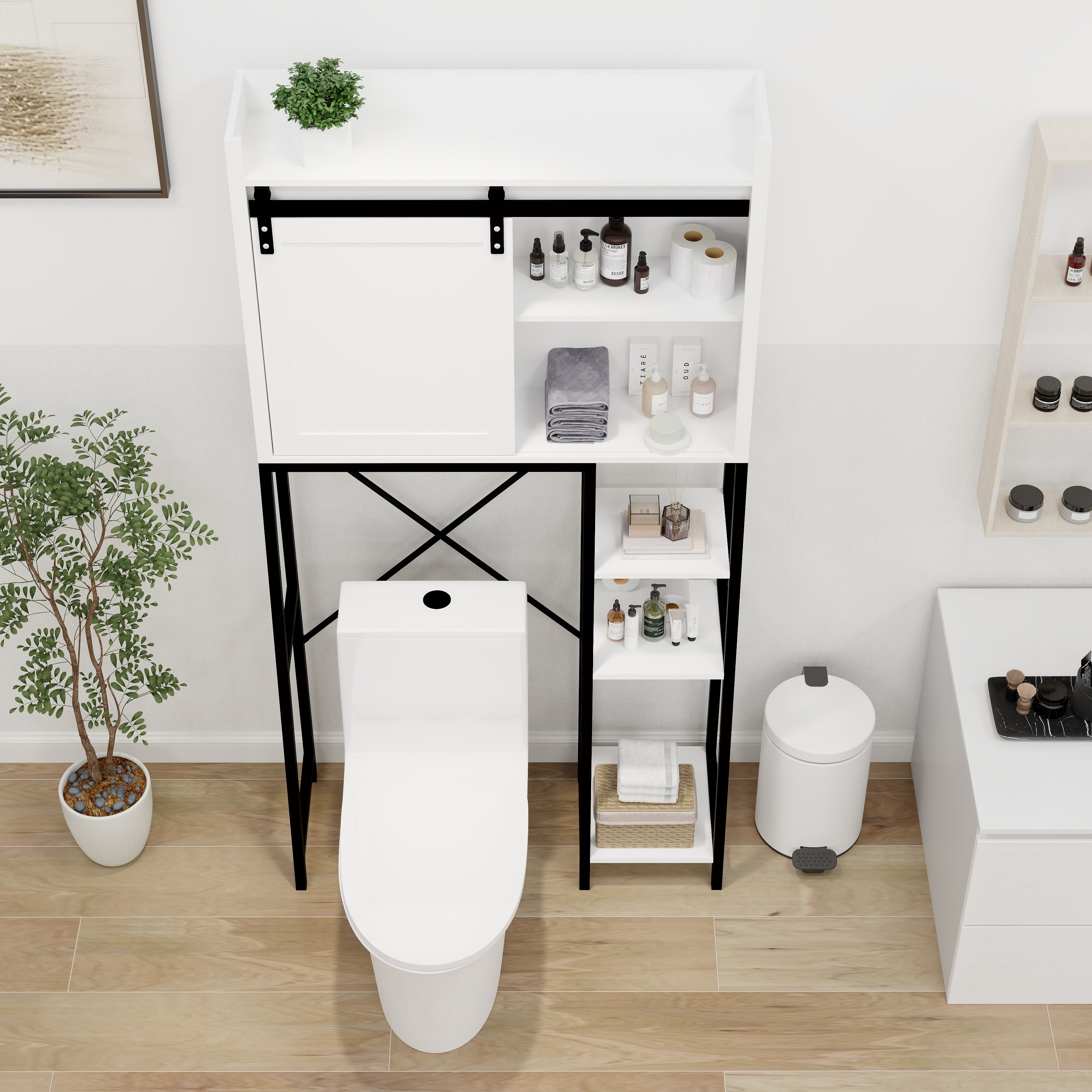 Toilettenschrank mit verschiebbarer Scheunentor & verstellbaren Regalböden – Weiß