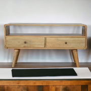 Solid Wood Curved Media Unit with 2 Drawers and Open Slot, Brown Oak-ish
