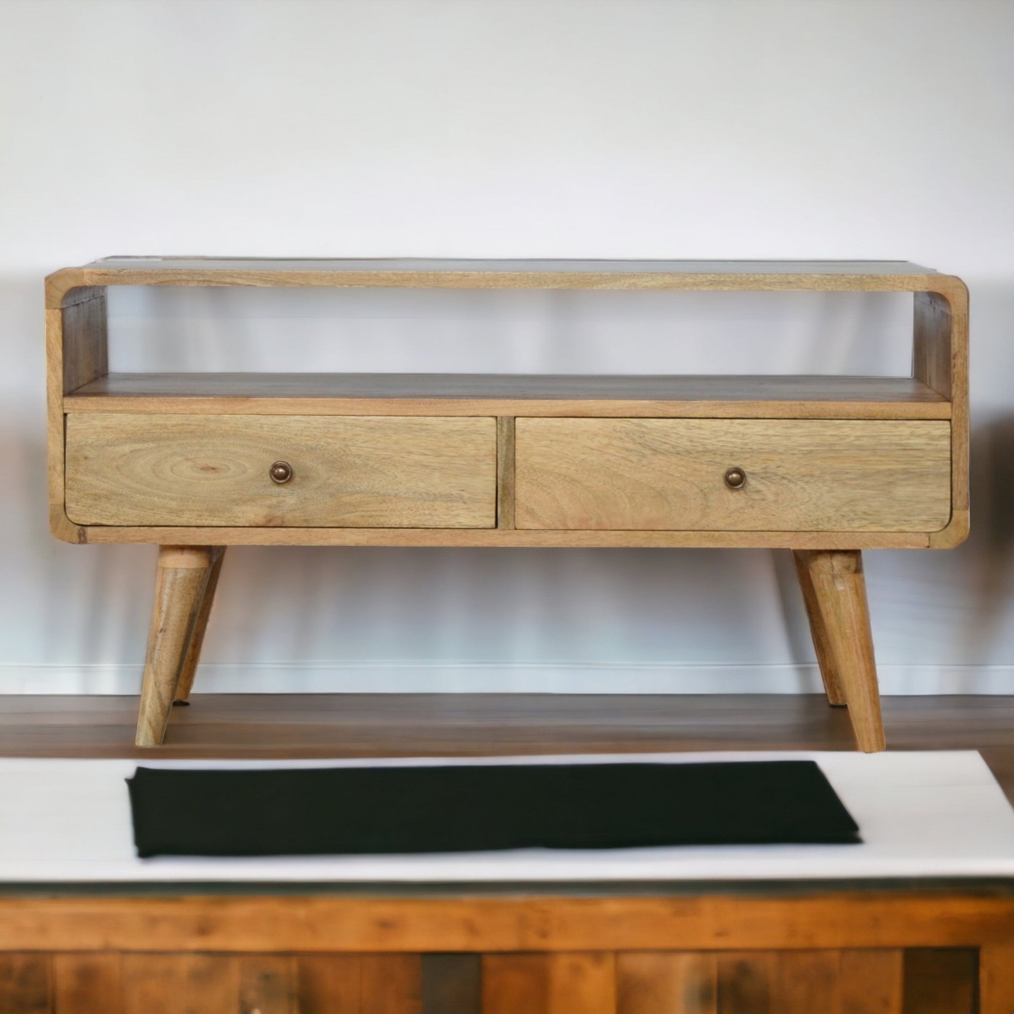 Solid Wood Curved Media Unit with 2 Drawers and Open Slot, Brown Oak-ish