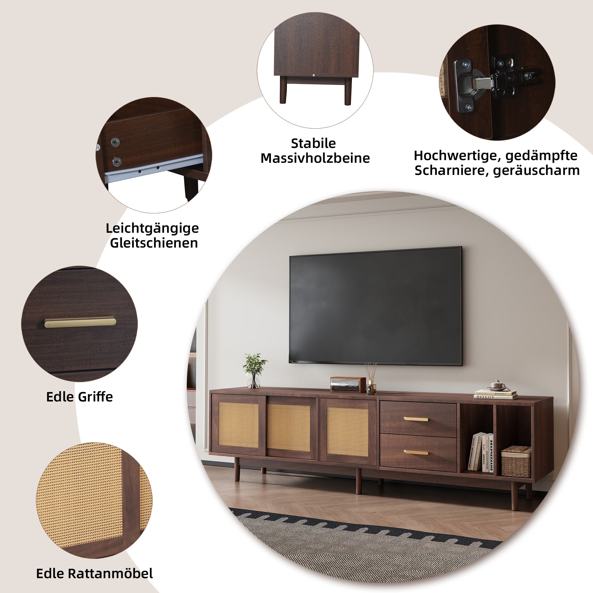 TV Cabinet, 190x40x52cm Lowboard with Drawers, Rattan MDF, Brown
