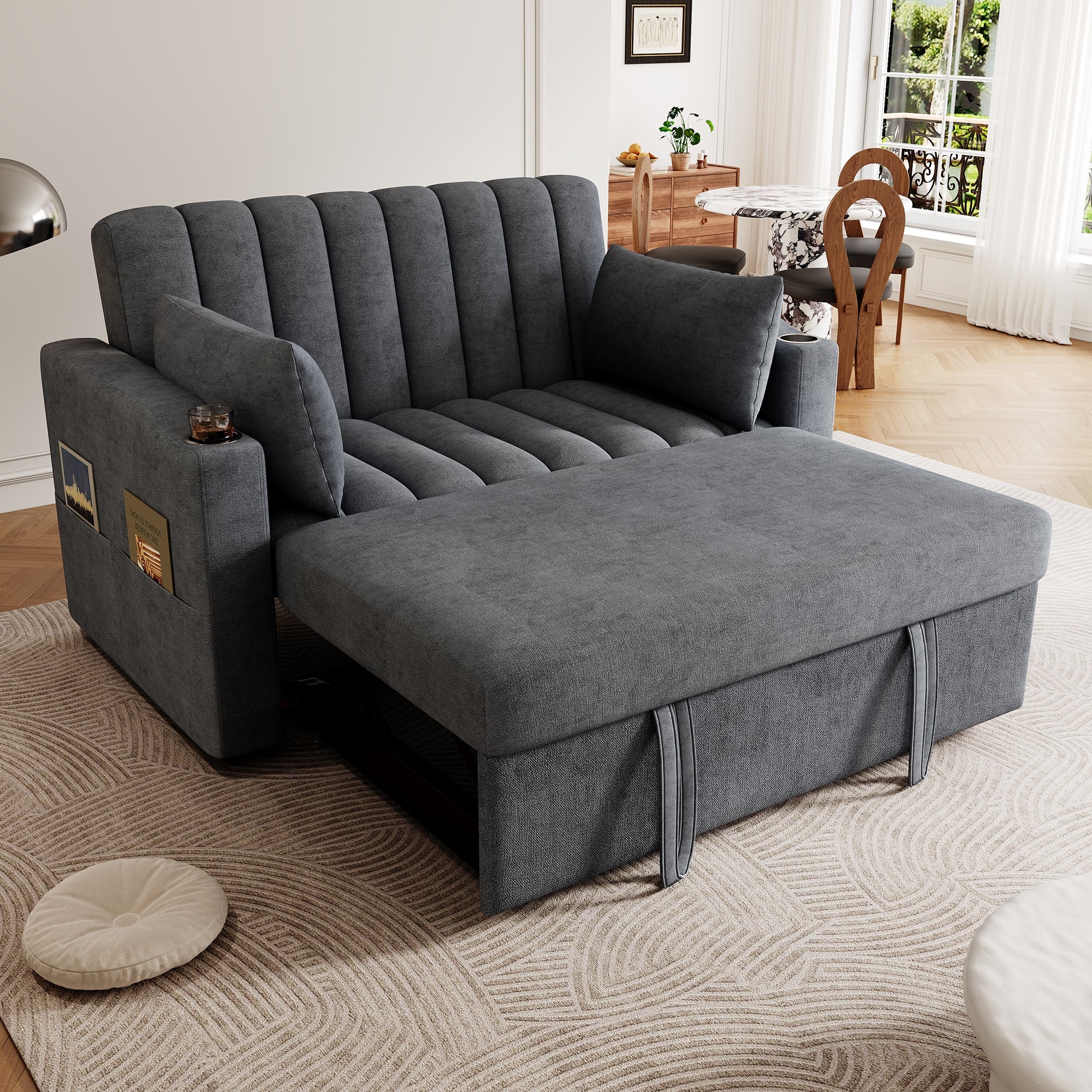 Modern Sofa Bed Multifunctional Adjustable Backrest with Drink Holder & Cushions