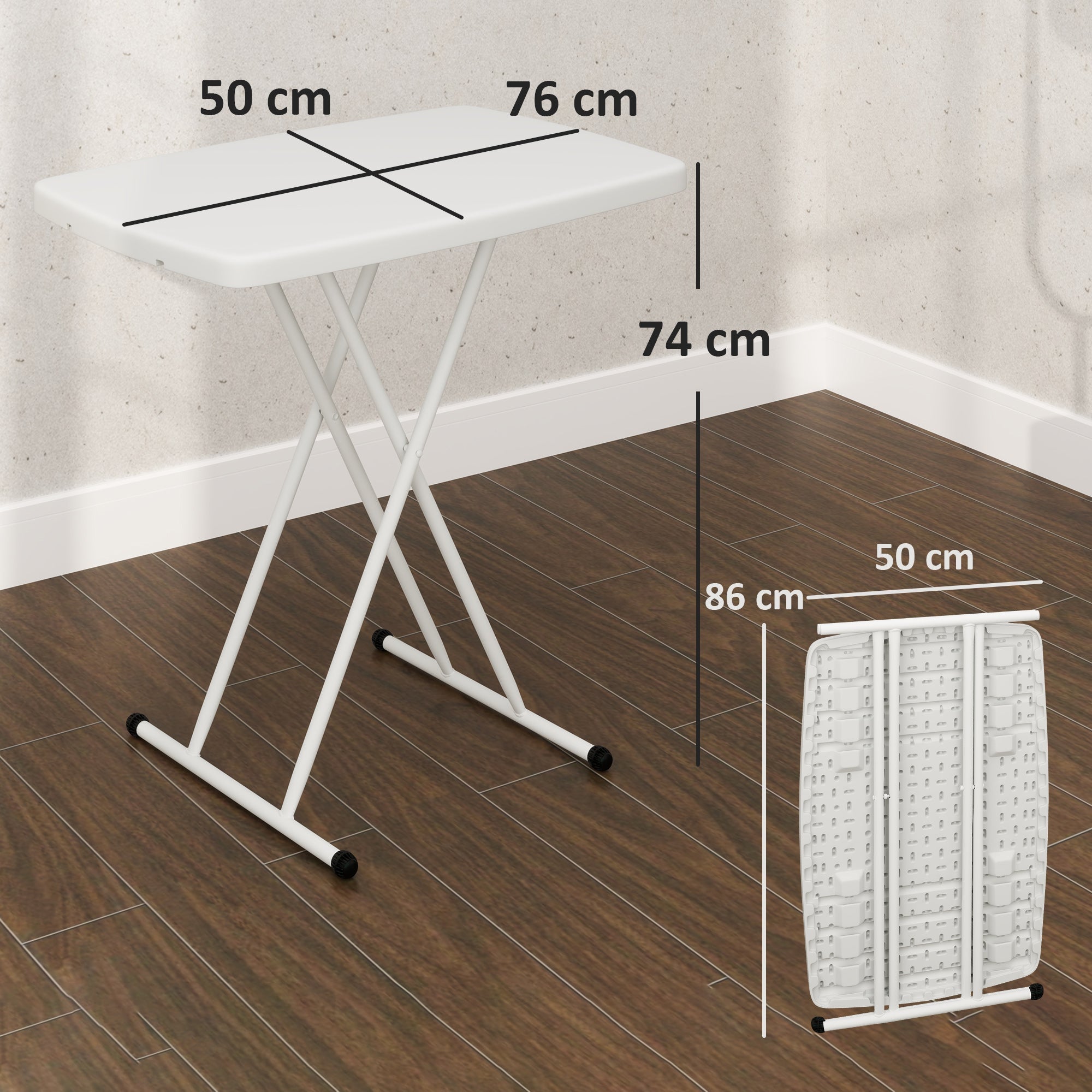 Side Table, Height-Adjustable Foldable Outdoor/Indoor, 76x50x74cm, Plastic White