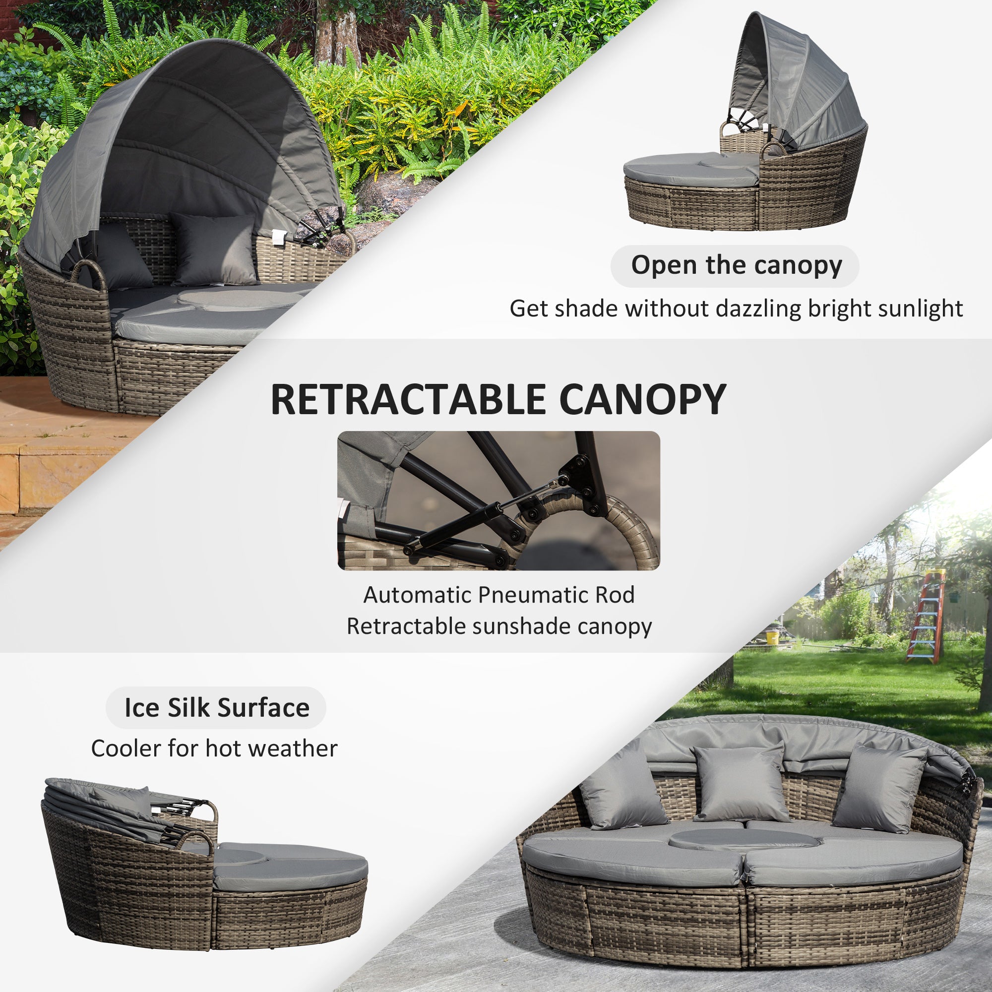 Outdoor PE Rattan Garden Furniture Set with Round Daybed, Retractable Canopy, Cushions, Dark Grey Rattan