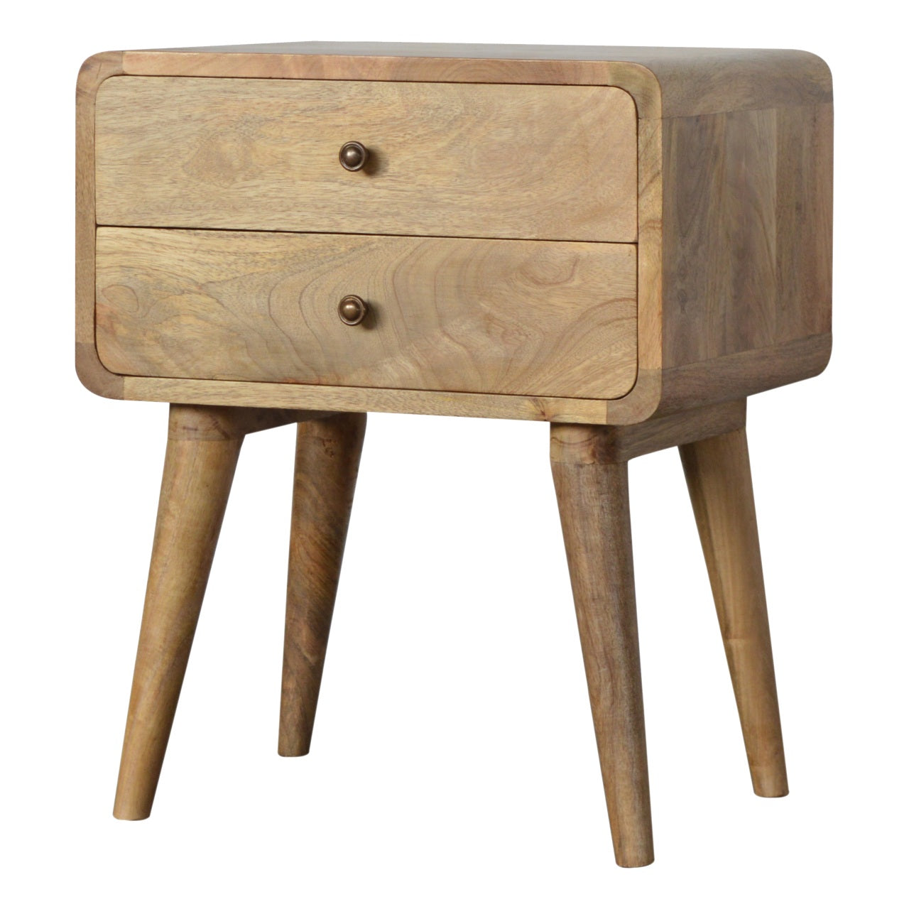 Solid Wood Bedside, Curved 2 Drawers, Oak-ish Brown