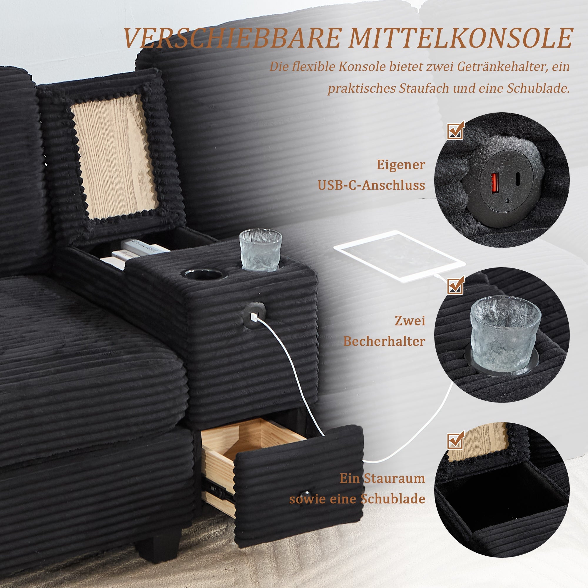 Large Sofa Removable Console USB-C Storage Ottoman - Corduroy