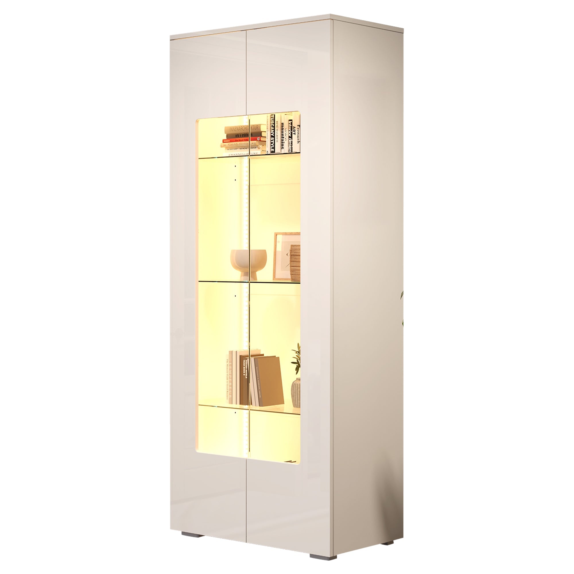 Living Room Display Cabinet, 2 Acrylic Doors, LED Light Strip, Tempered Glass, White MDF