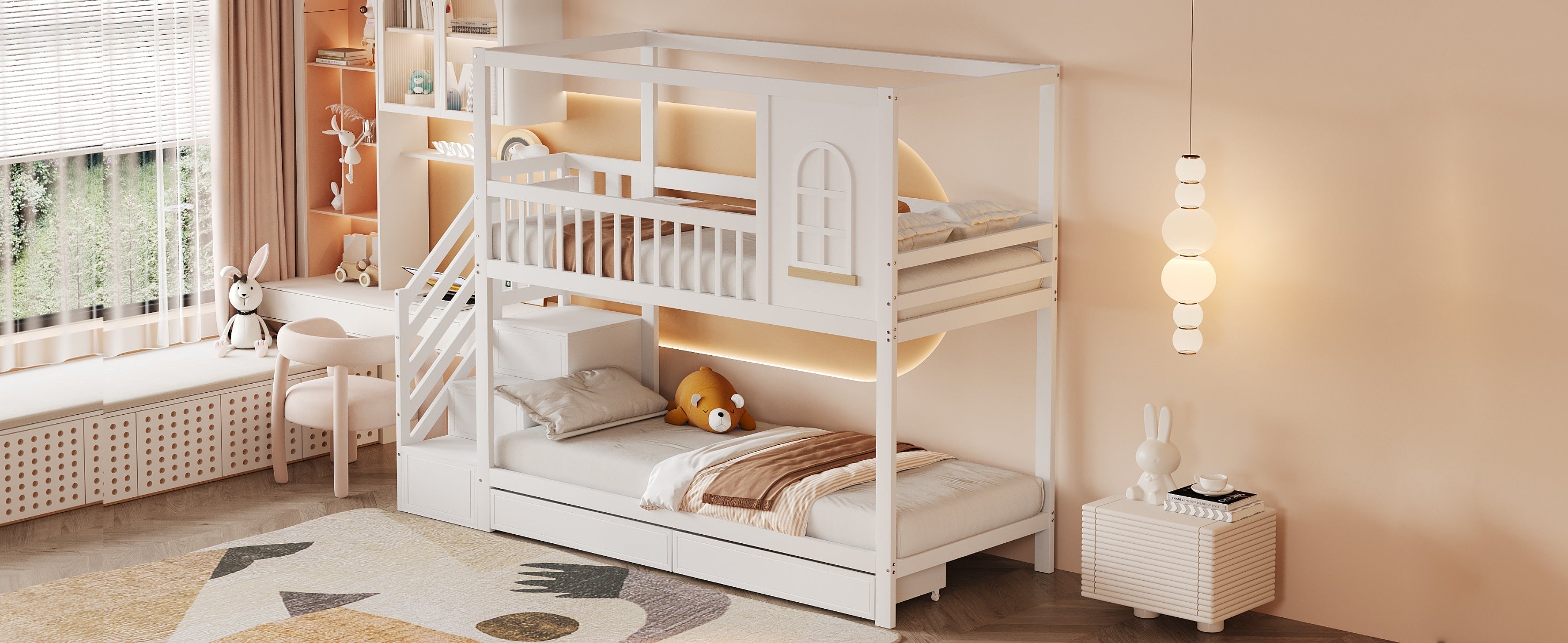 Bunk Bed 90x200cm House Design Drawers Ladder Solid Wood - White