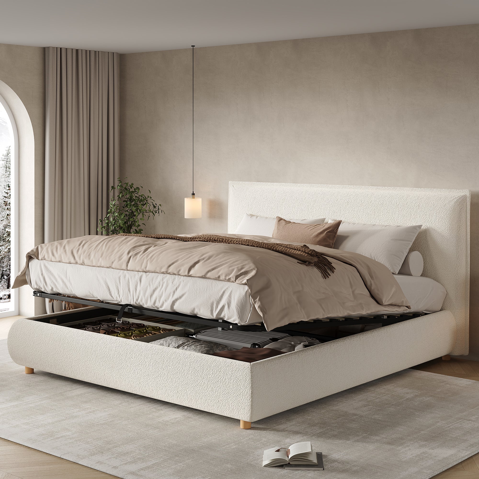 Upholstered Double Bed, 180x200cm Hydraulic Storage Bed with Slatted Frame and Wood Legs, White Bouclé