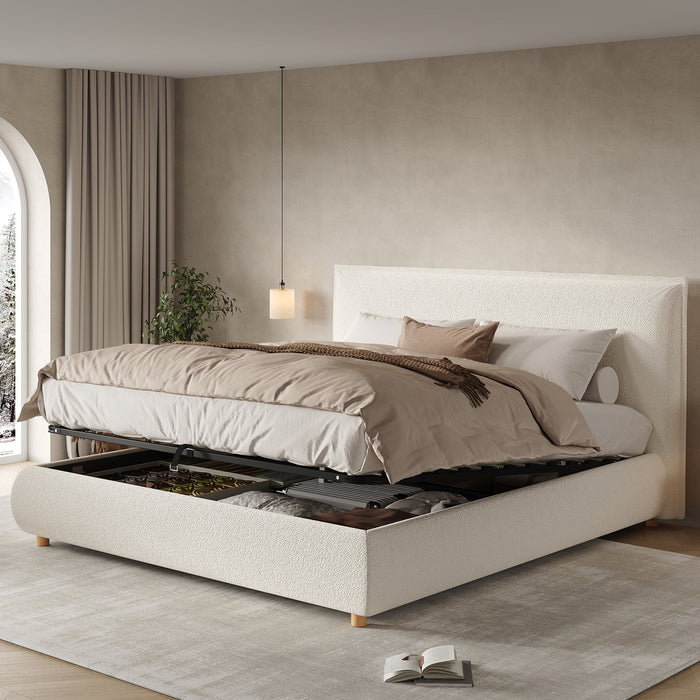 Upholstered Double Bed, 180x200cm Hydraulic Storage Bed with Slatted Frame and Wood Legs, White Bouclé