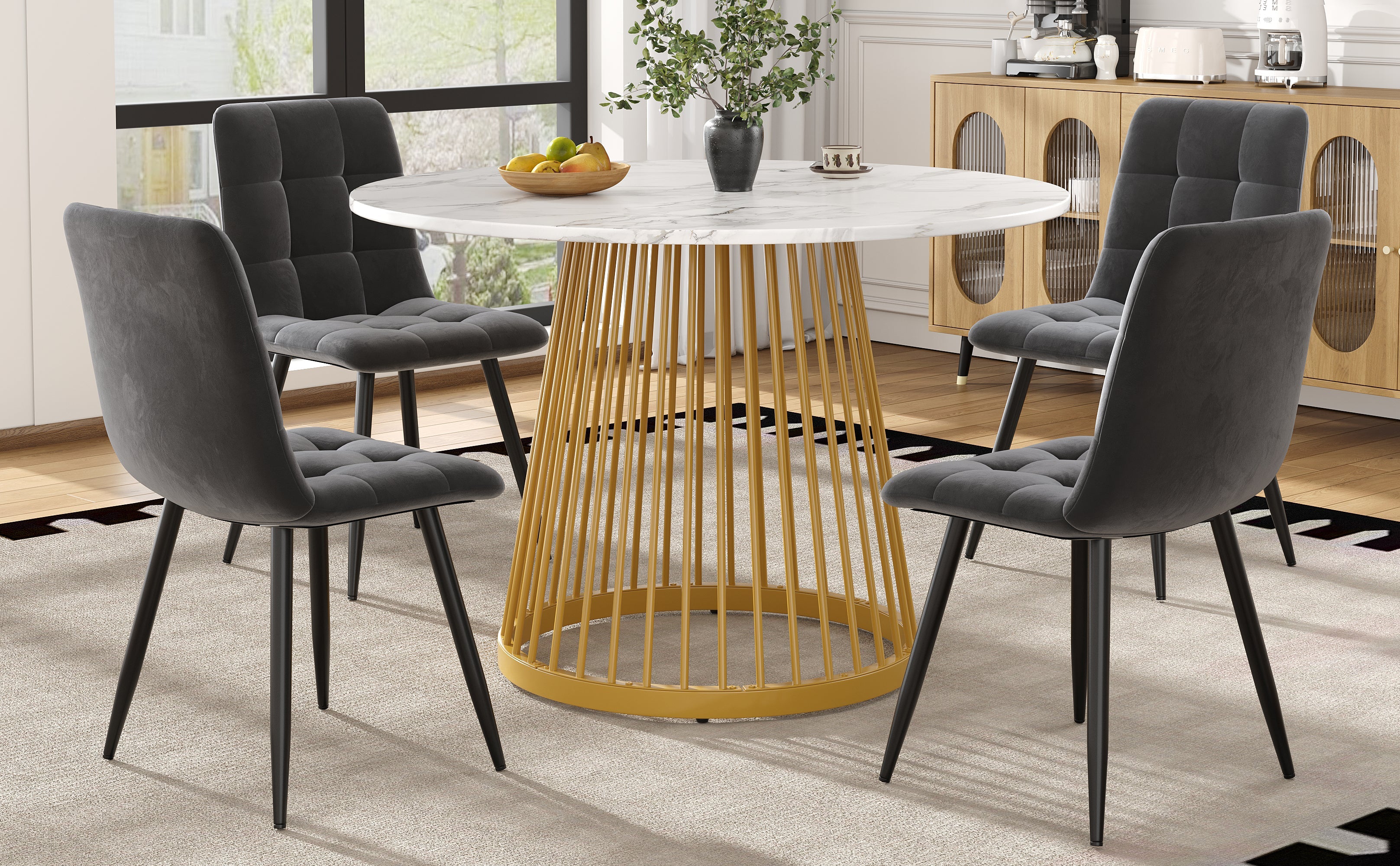 Dining Table Set 5-Piece Round 80cm Gold Metal Legs White MDF Top Dark Grey Velvet