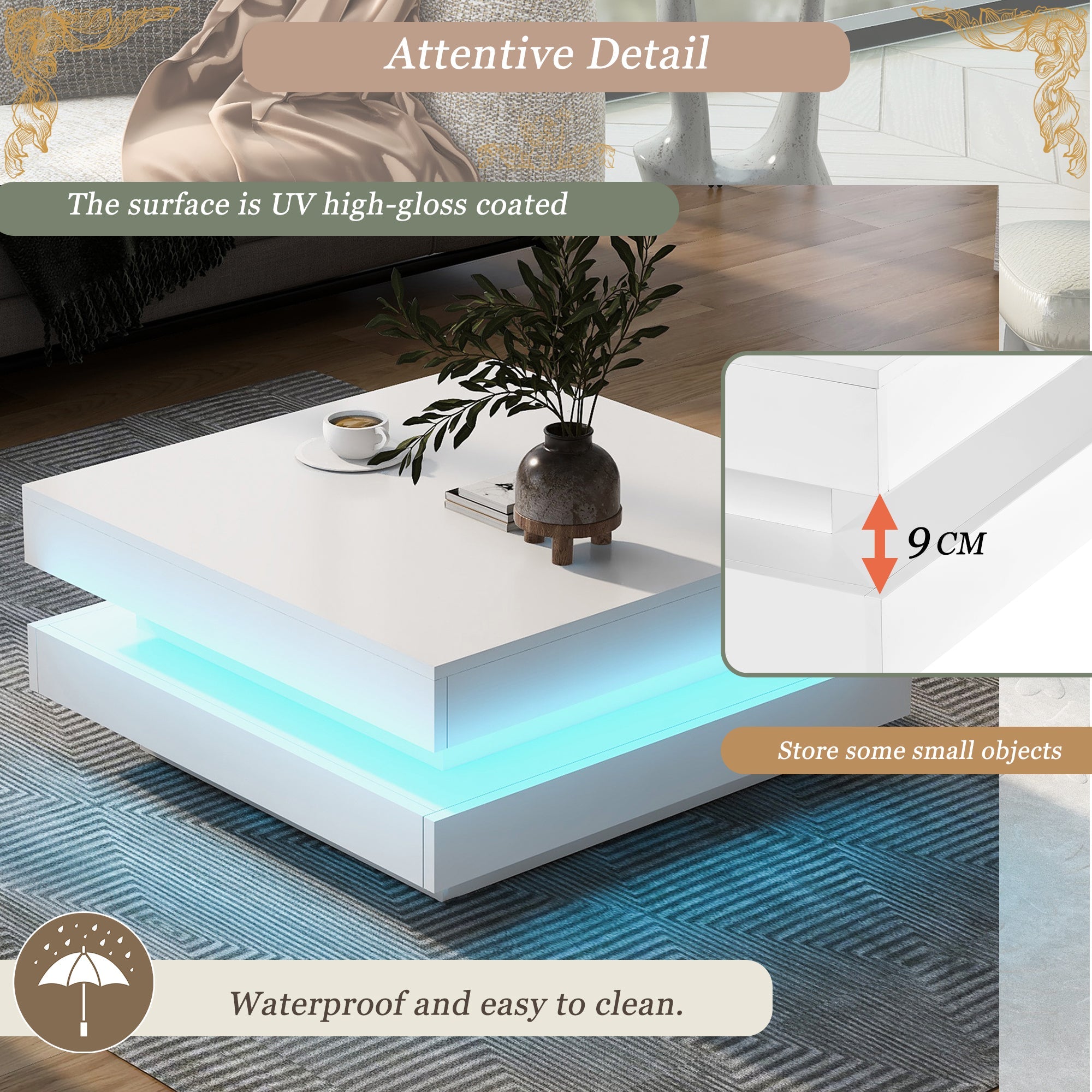 White Square High Gloss Coffee Table with 360° Rotating Top, Tea Table with 16-Color LED light, 70x70x36 cm