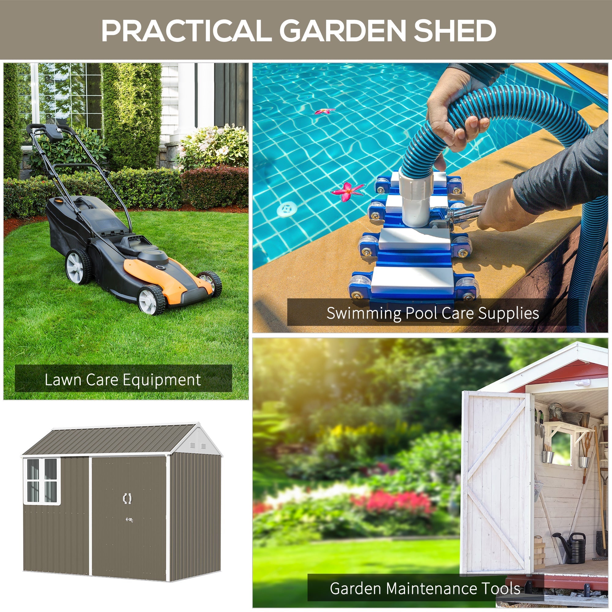 8 x 6 ft Galvanised Garden Shed with Double Doors and Air Vents, Grey