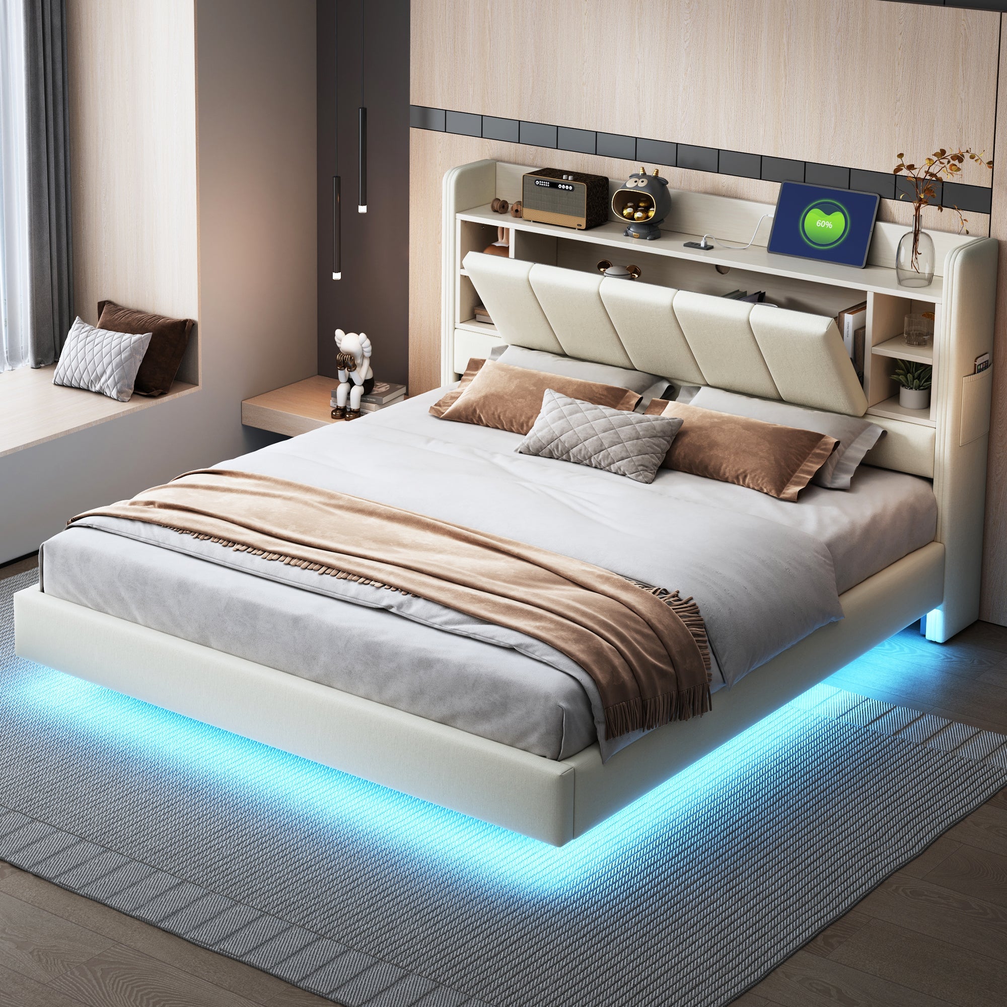 Upholstered Bed 160x200cm, USB Socket, LED Light, Reversible Headboard Storage, Linen Beige