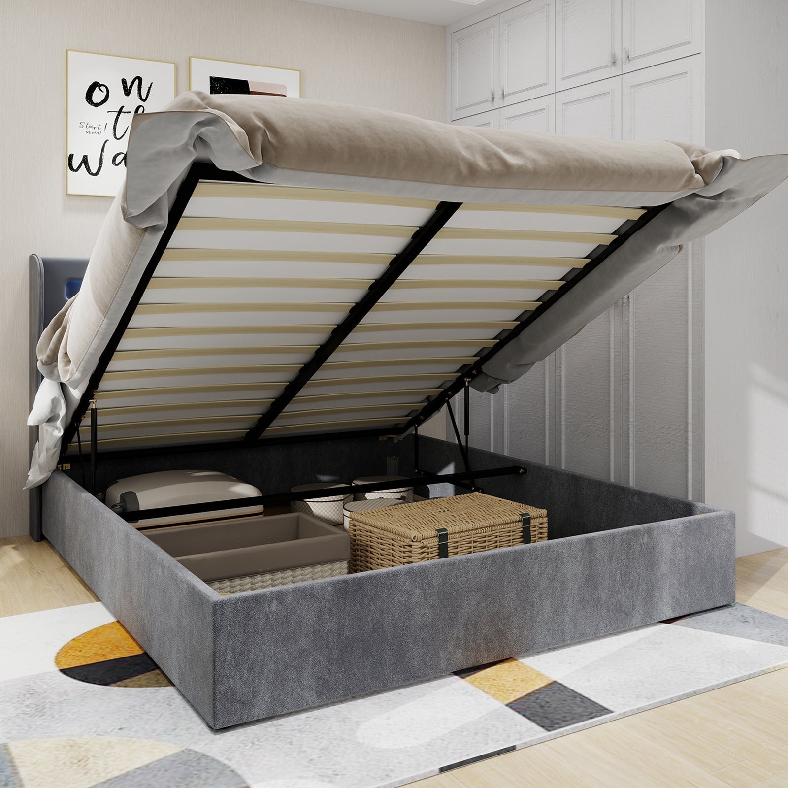 Modern Minimalist Upholstered Bed, LED Headboard, 160x200cm, Grey