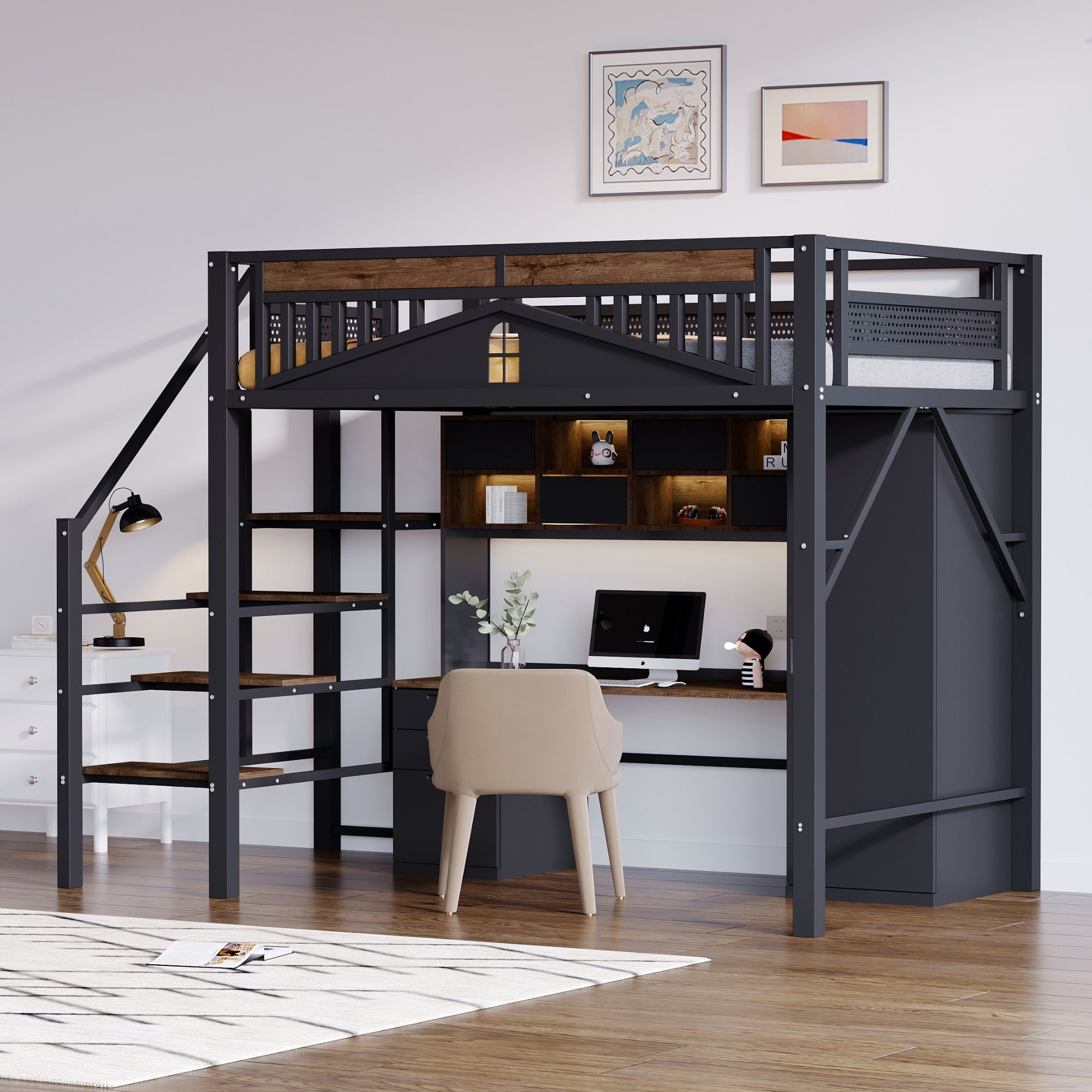 Loft Metal Bed 140x200 cm with Security Steps and Wood Accents, Black or White