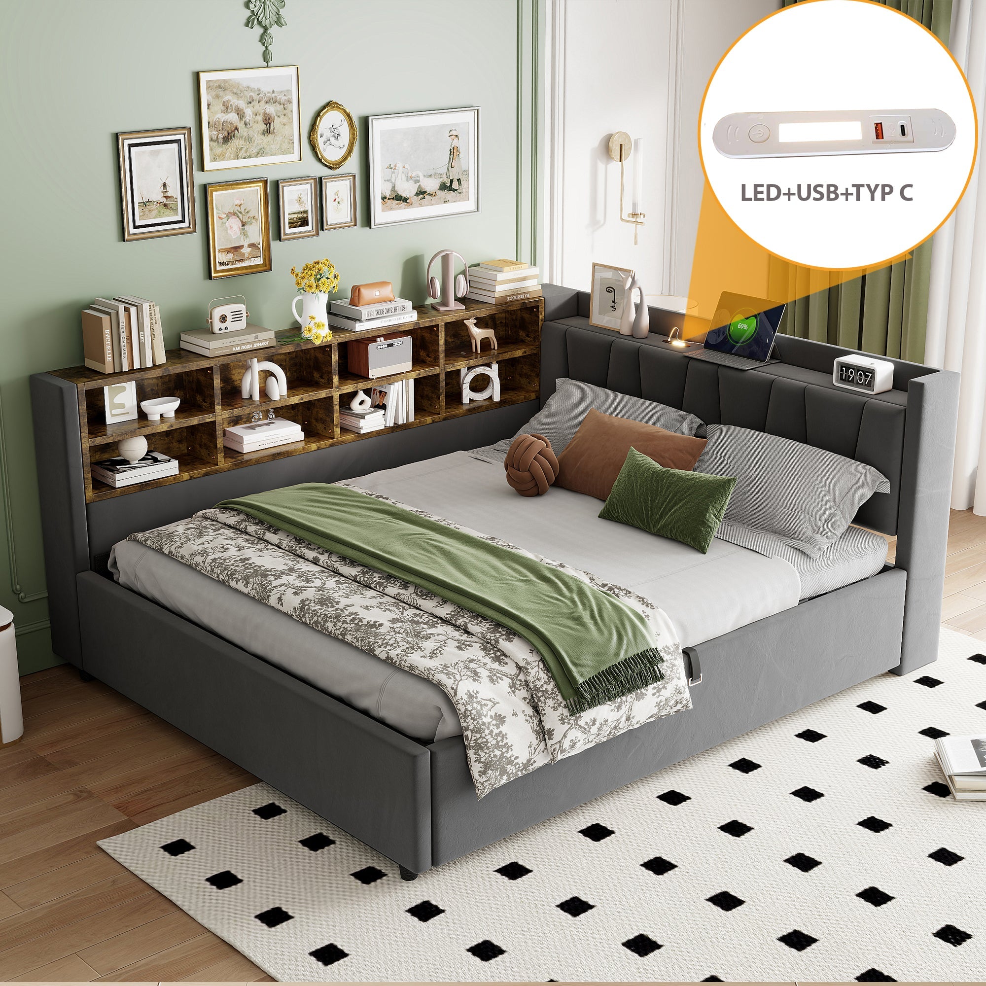 Upholstered Bed/Sofa Bed 140x200 Hydraulic Storage USB Night Light Velvet Dark Grey