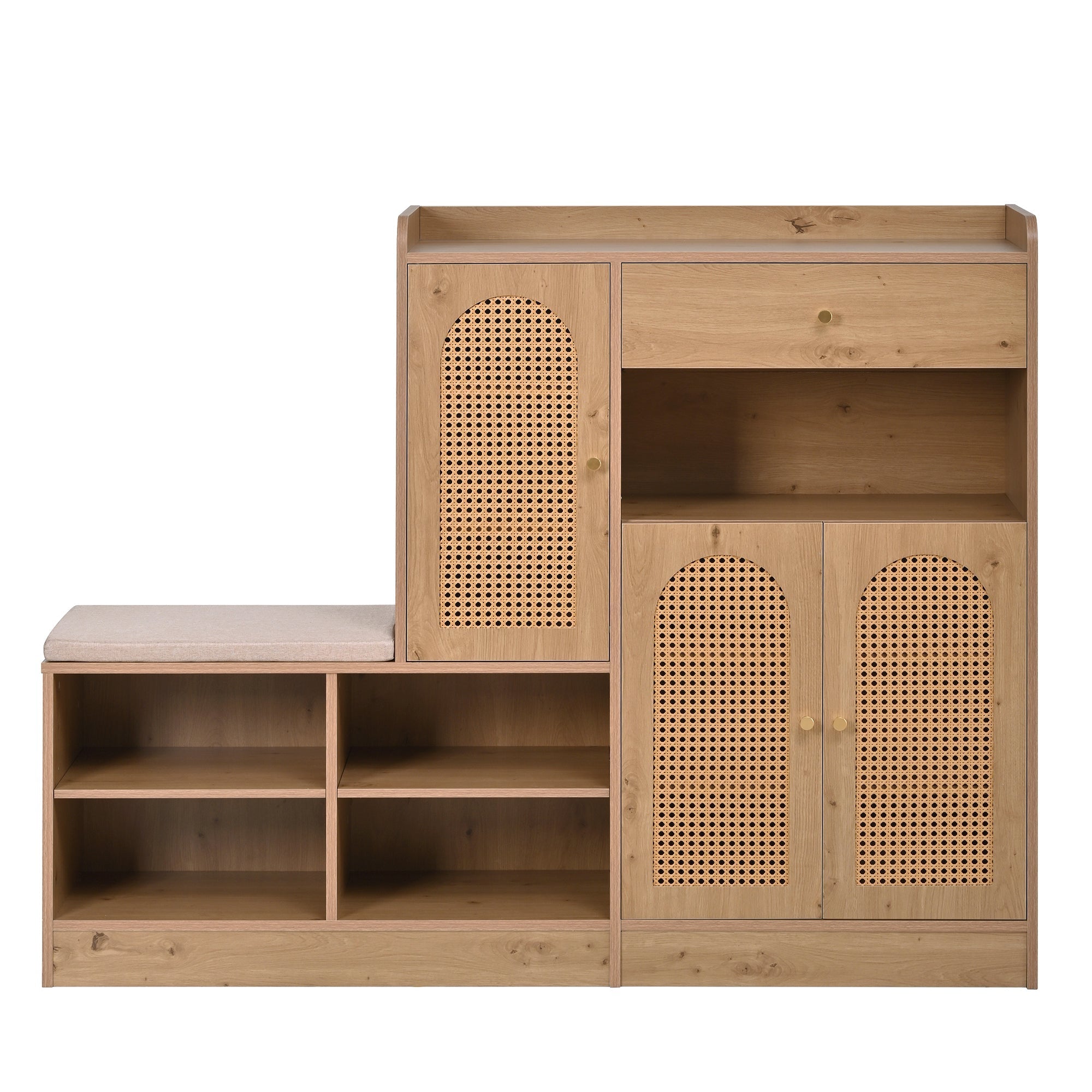 Shoe Cabinet with Upholstered Bench, 3 Rattan Doors and 1 Drawer, Wood Look