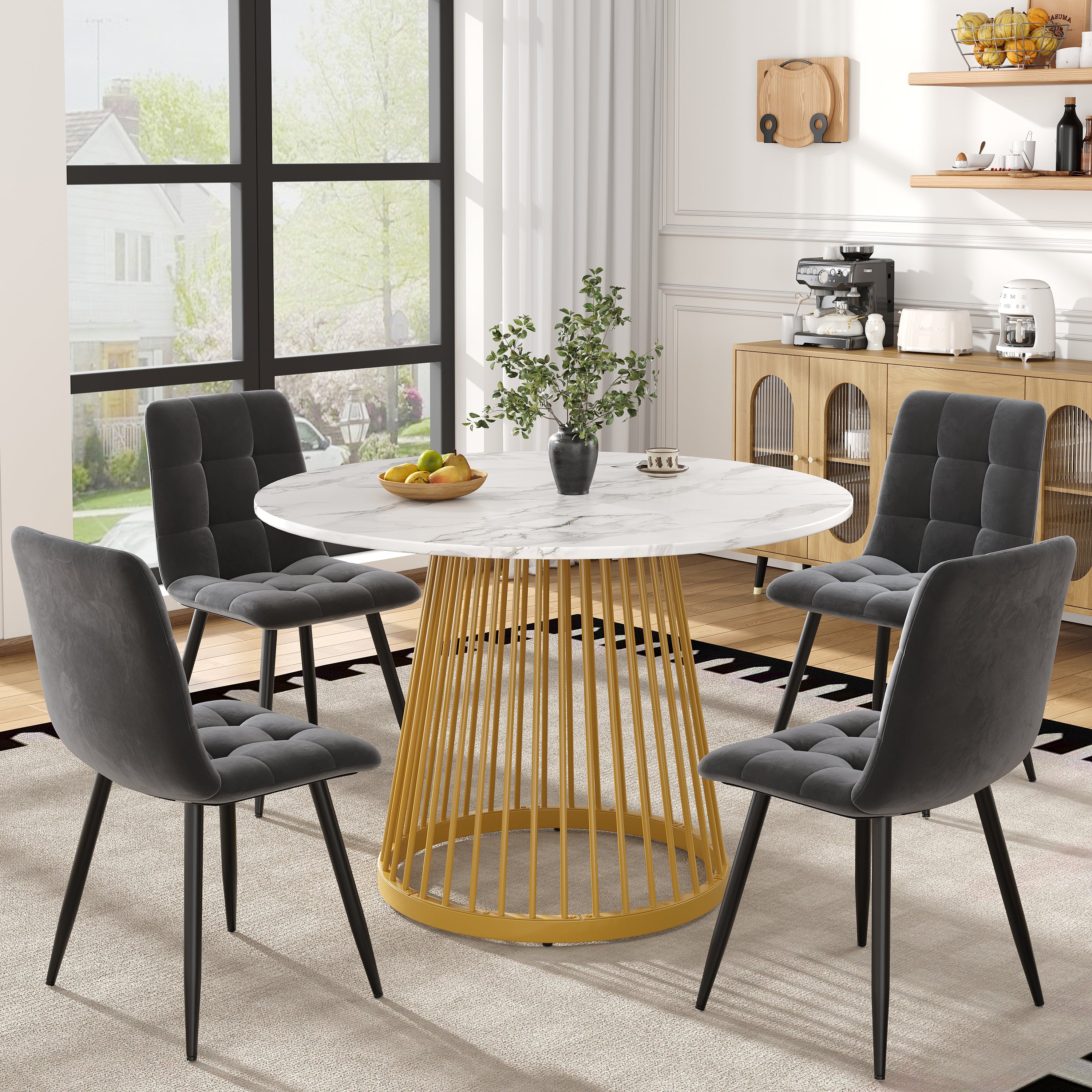 Dining Table Set 5-Piece Round 80cm Gold Metal Legs White MDF Top Dark Grey Velvet