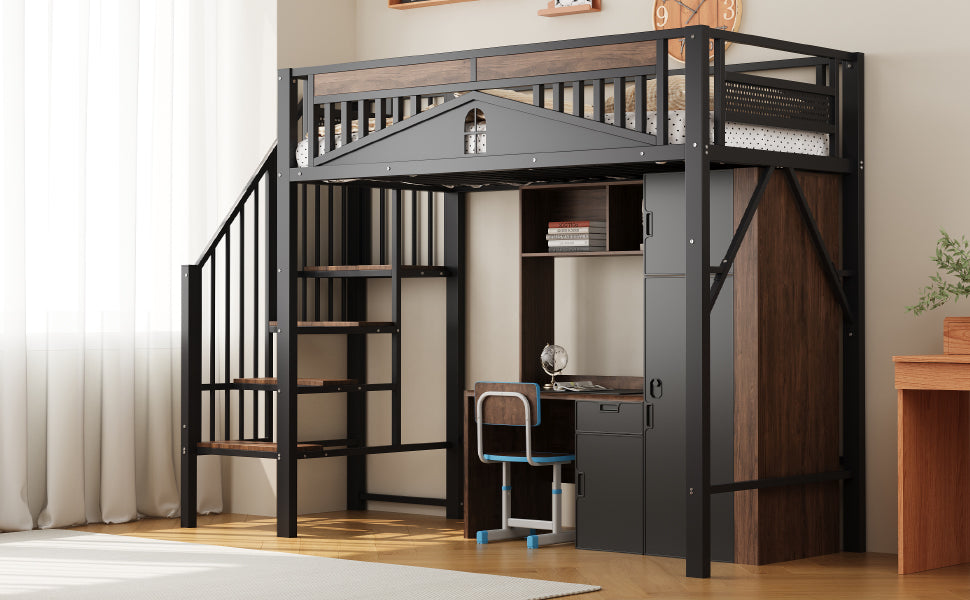 Metal Loft Bed 90x200cm Safety Railing Ladder Under-Bed Space, Black
