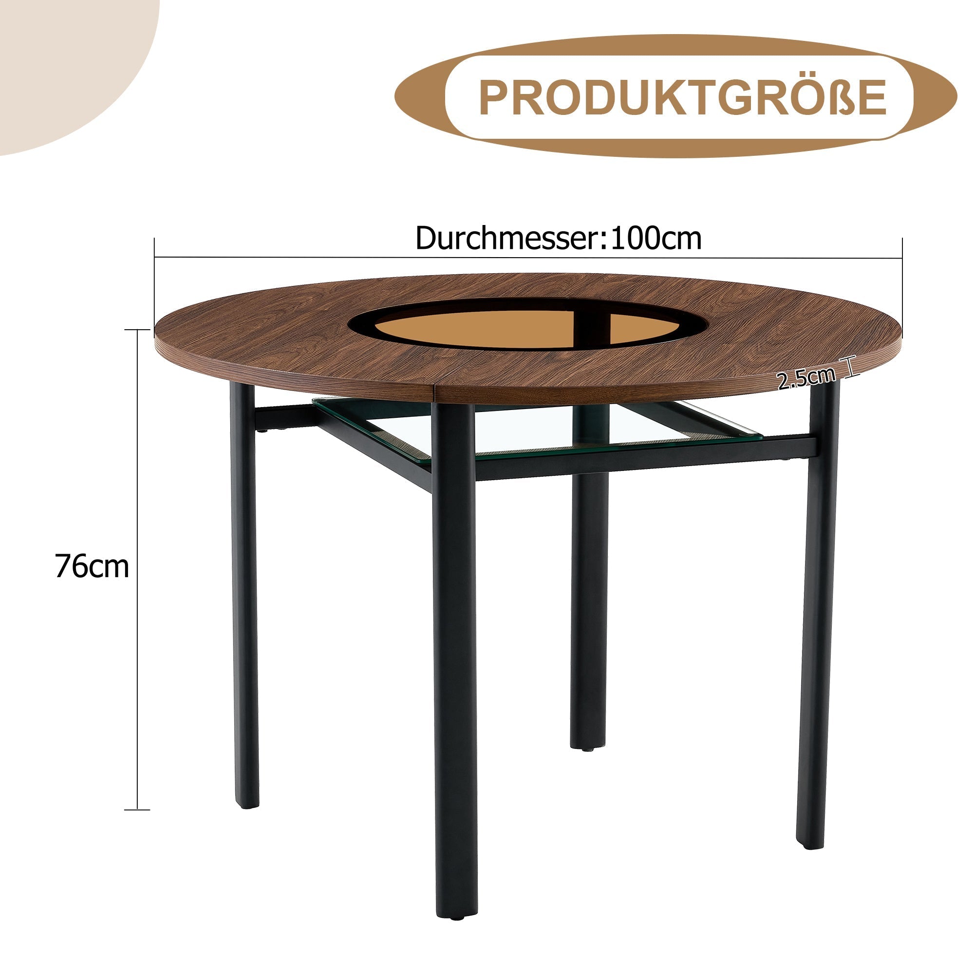 Round Table 100cm Modern Minimalist 2-4 Seater Glass Top Brown Wood Pattern