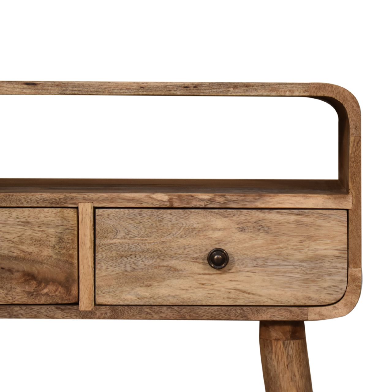 Solid Wood Console Table, Mini Curved with 2 Drawers & Open Slot, Brown Oak-ish
