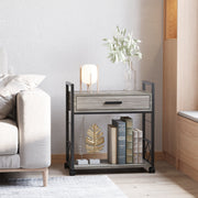 Side Table Serving Cart with Wheels, Drawer Storage, Grey