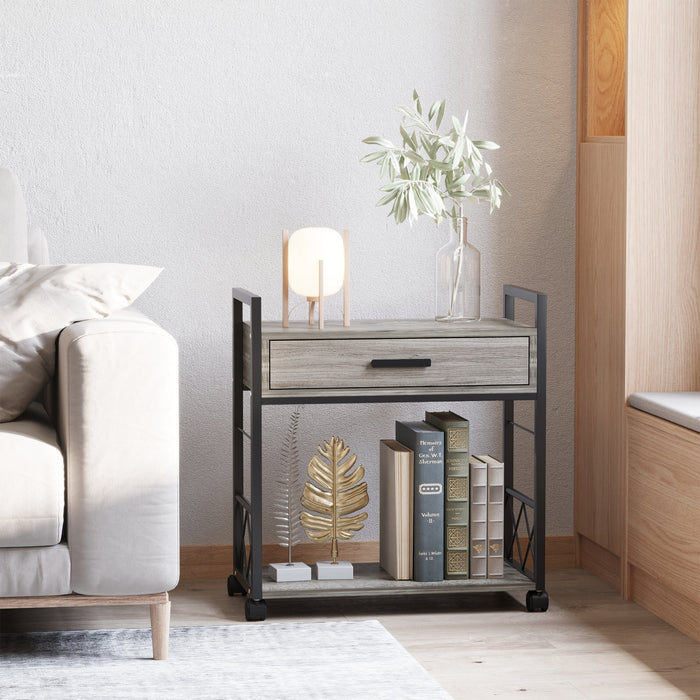 Side Table Serving Cart with Wheels, Drawer Storage, Grey