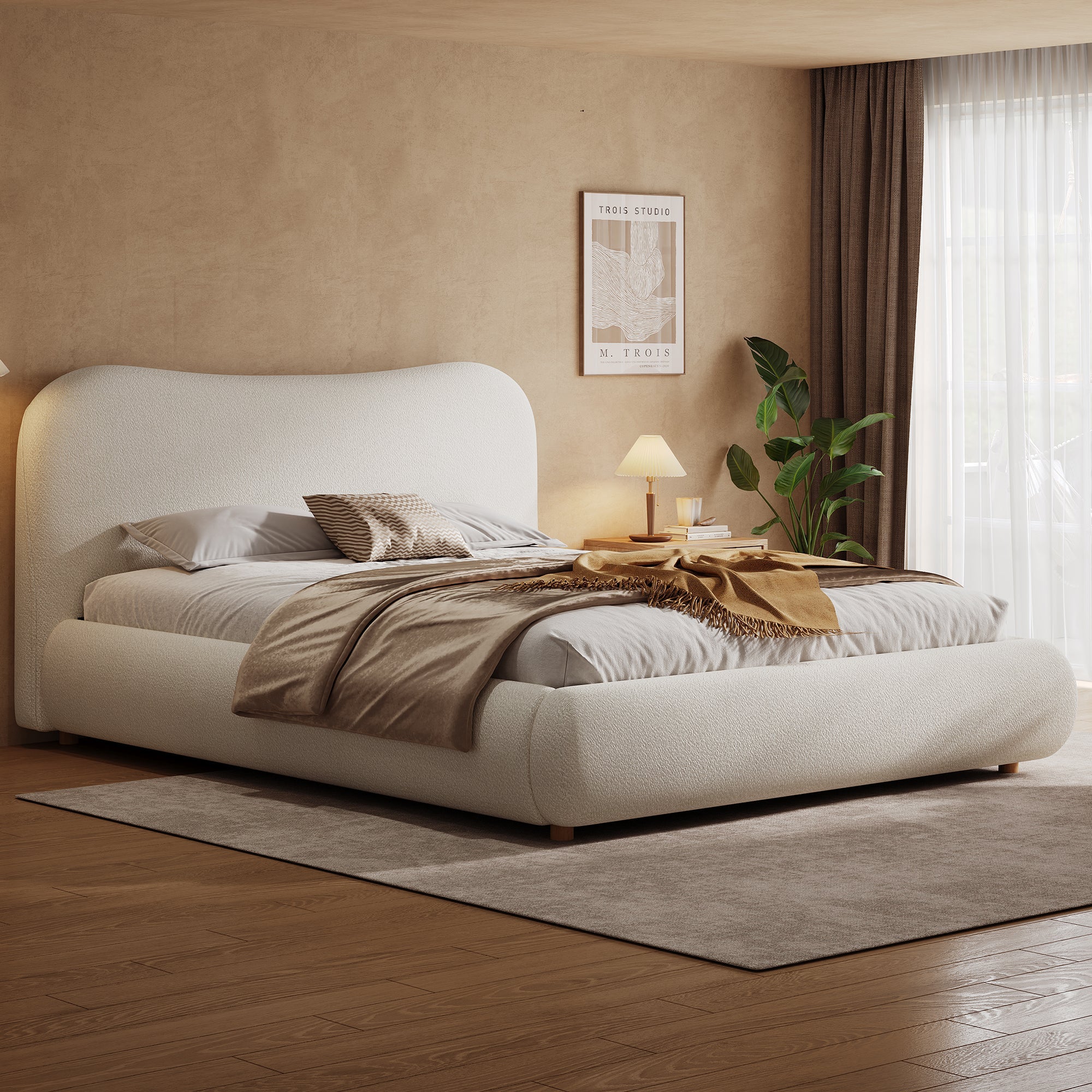 Ottoman Storage Bed Frame 5ft 150x200cm Upholstered Curved Headboard Boucle Warm White