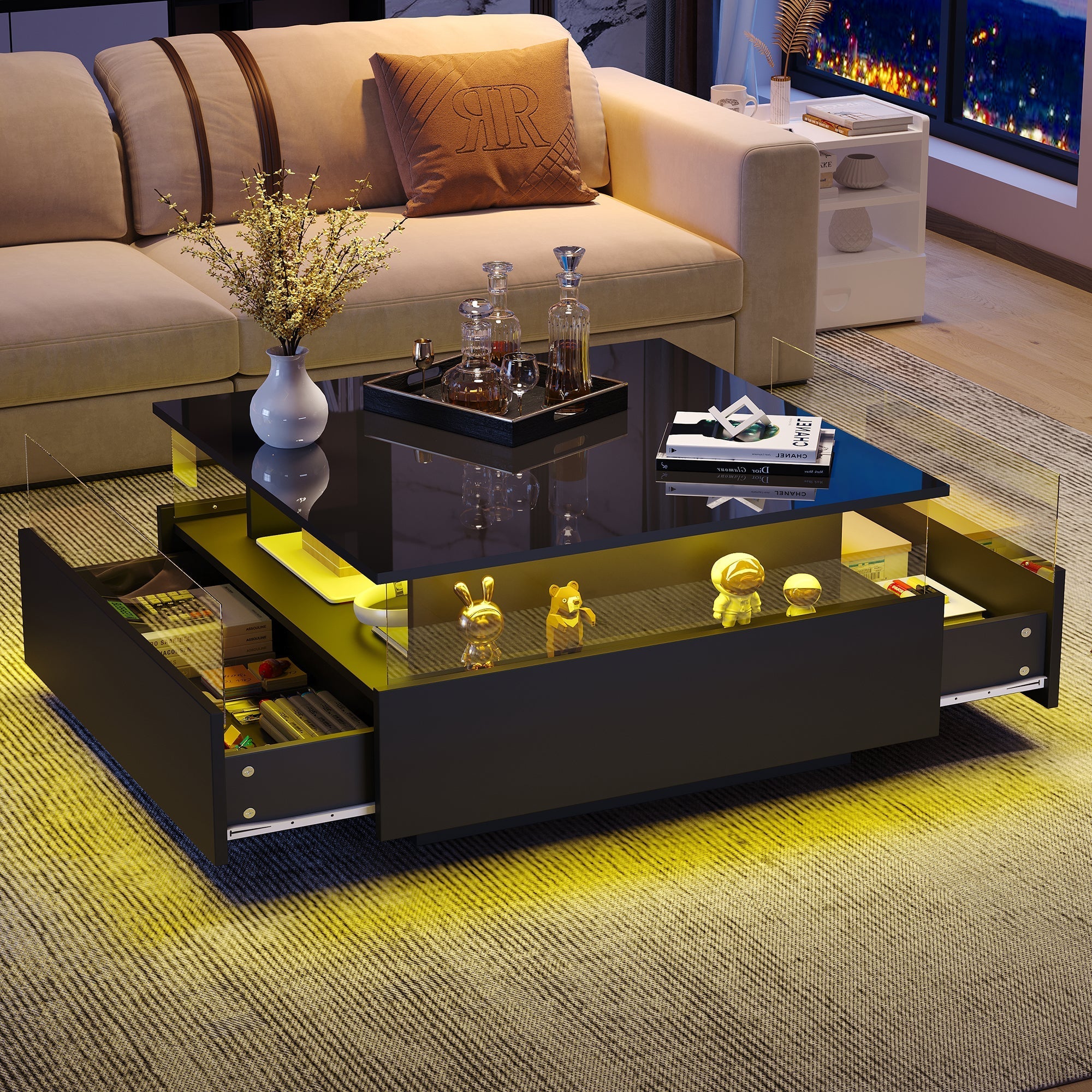 LED Coffee Table 70x70x41cm, 2 Drawers, Transparent Area, High-Gloss