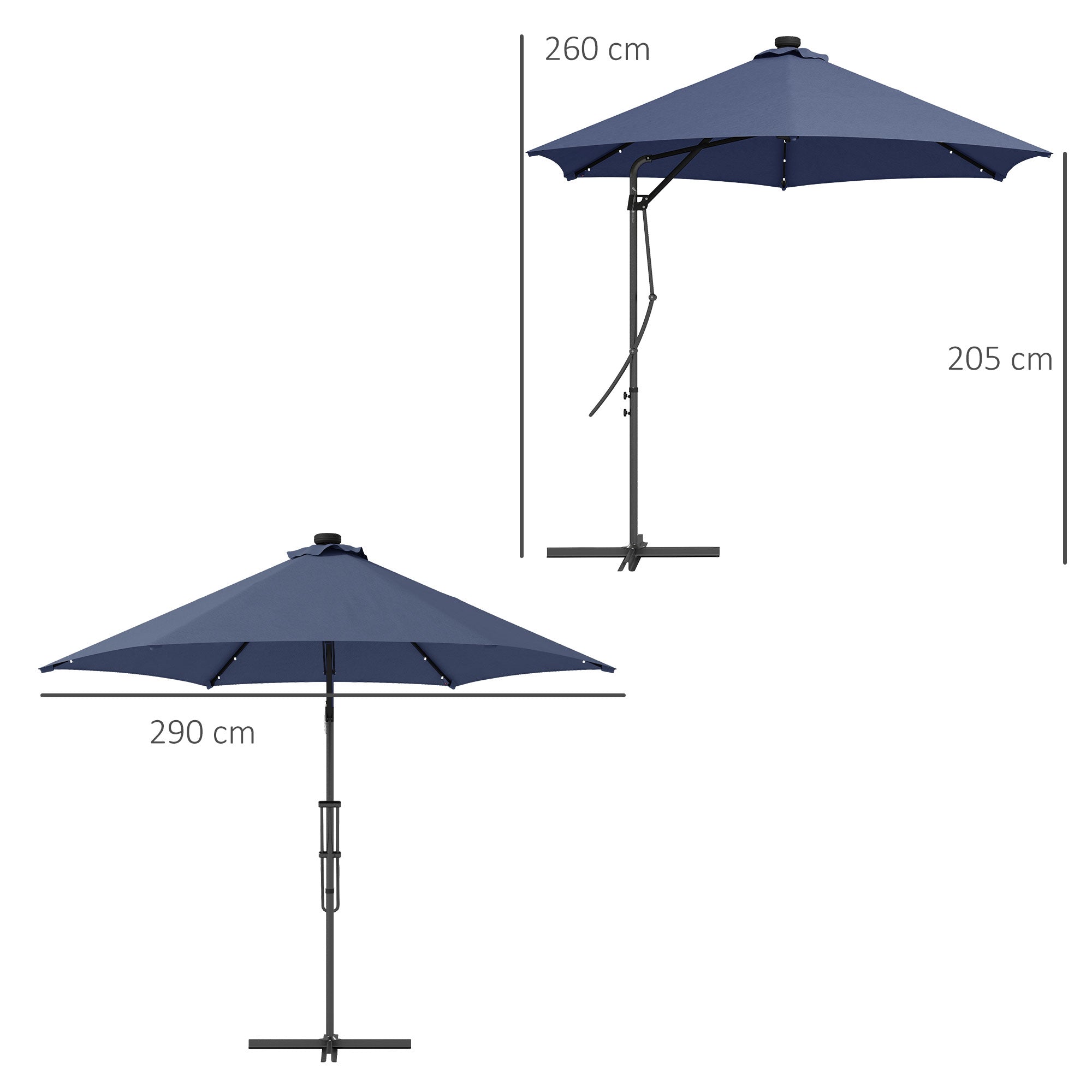 Solar Parasol, LED, Ø290x260 cm, UV Protection, Hand Crank, Polyester Dark Blue
