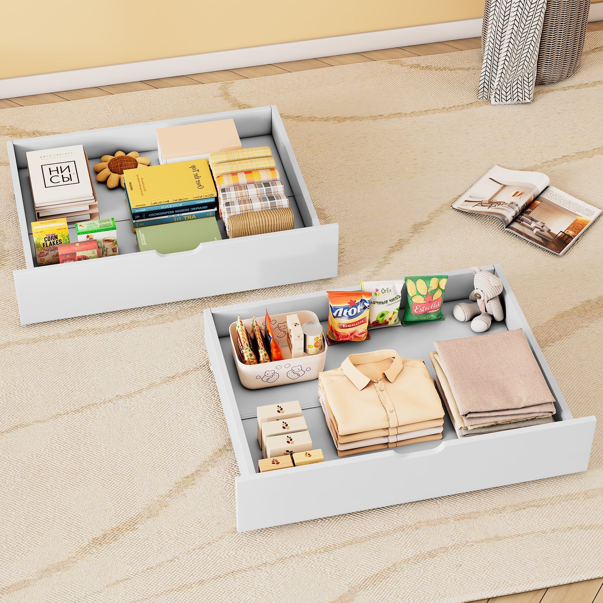 Under Bed Storage Drawers, Two Drawers Casters MDF, White