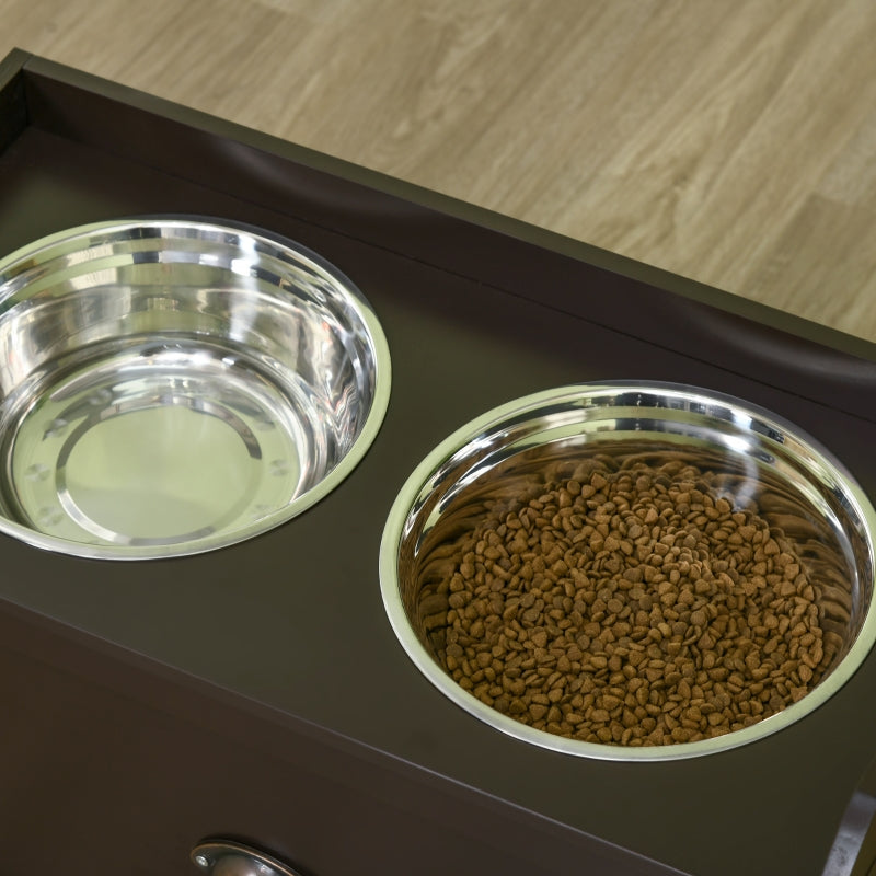 Raised Feeding Station, 2 Bowls 1 Storage, Brown