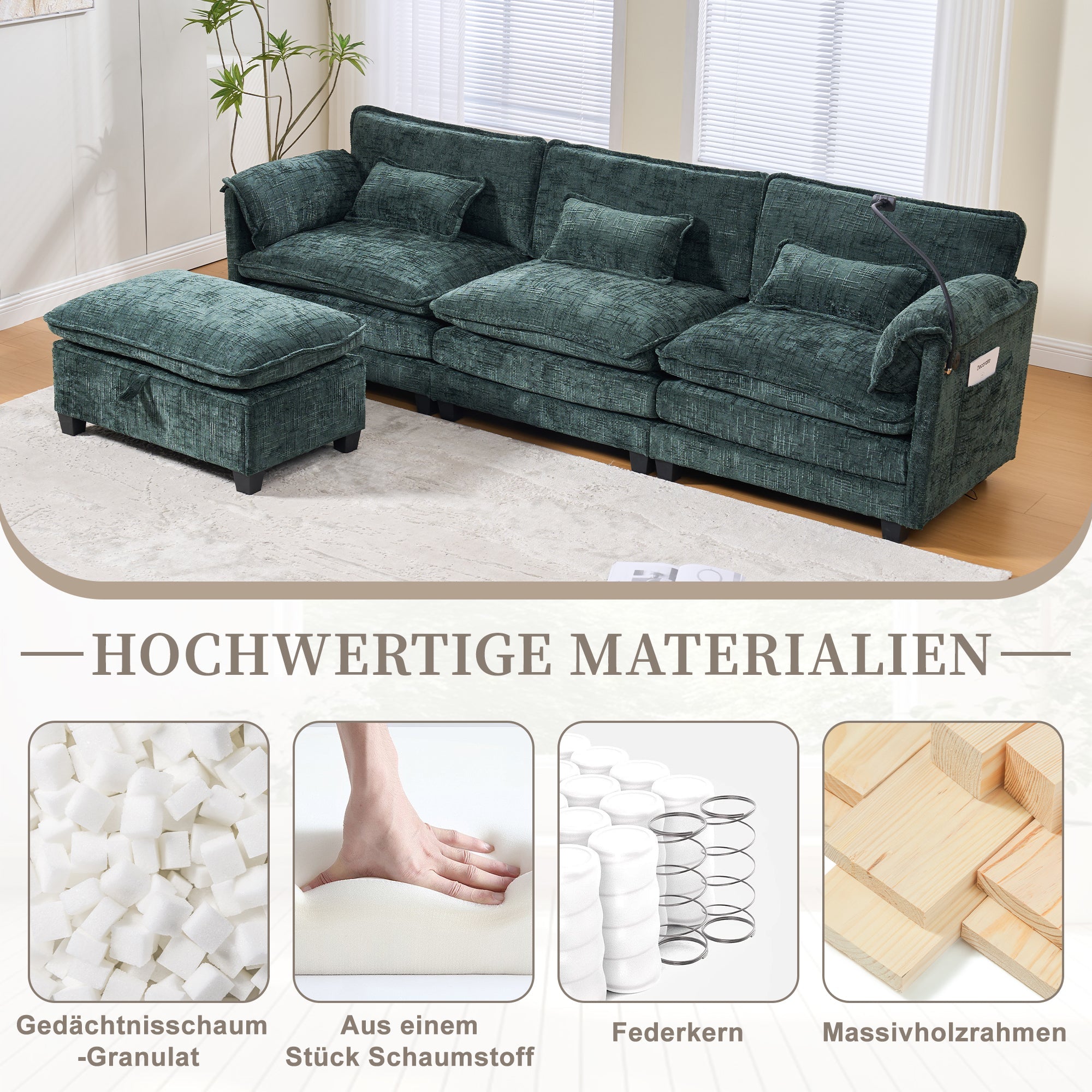 Modern 2-seater Sofa, USB Port Side Storage, Modular Footstool, Chenille Emerald