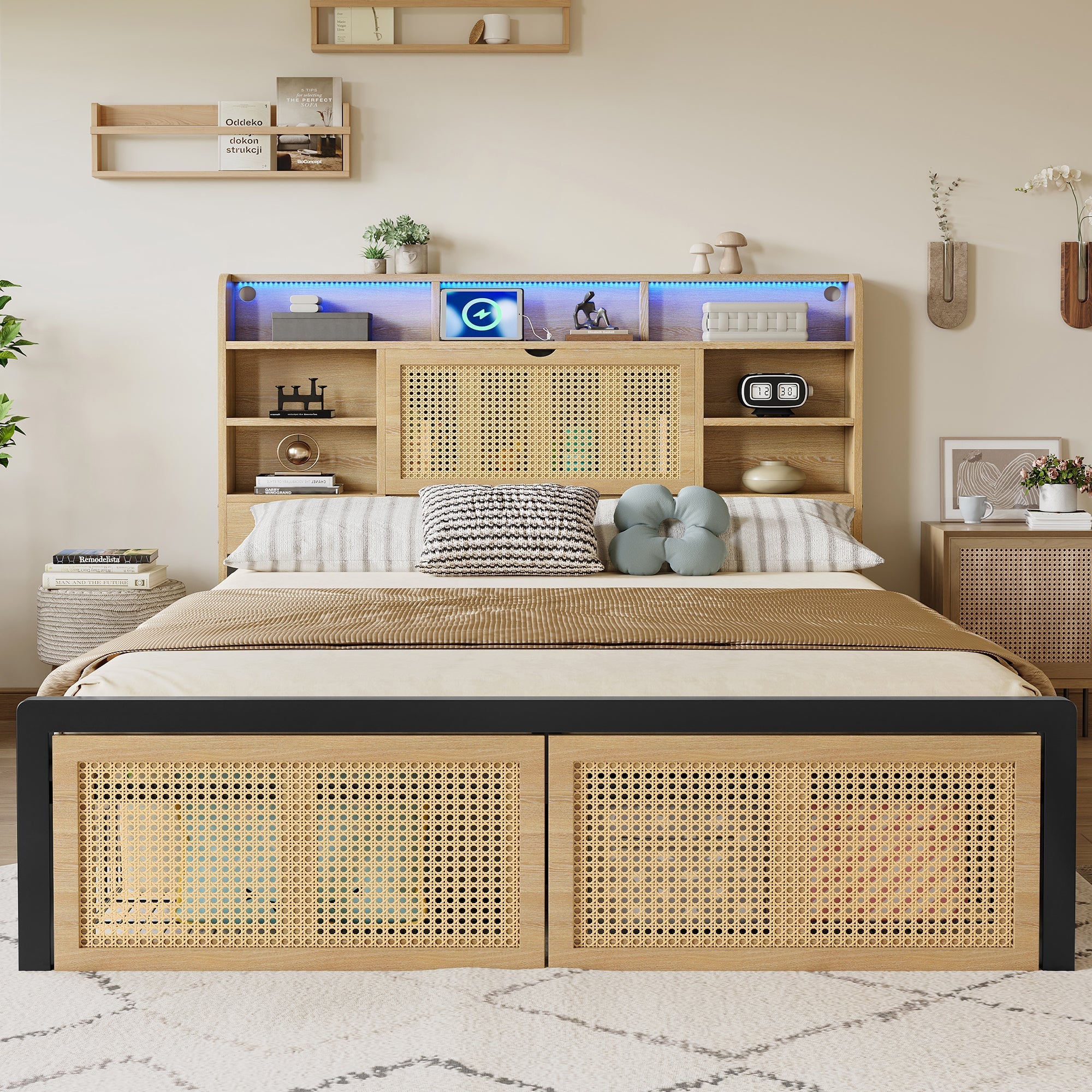 Wooden Bed, Charging Port, LED Strip Light, 4ft6 Double, Wood Colour
