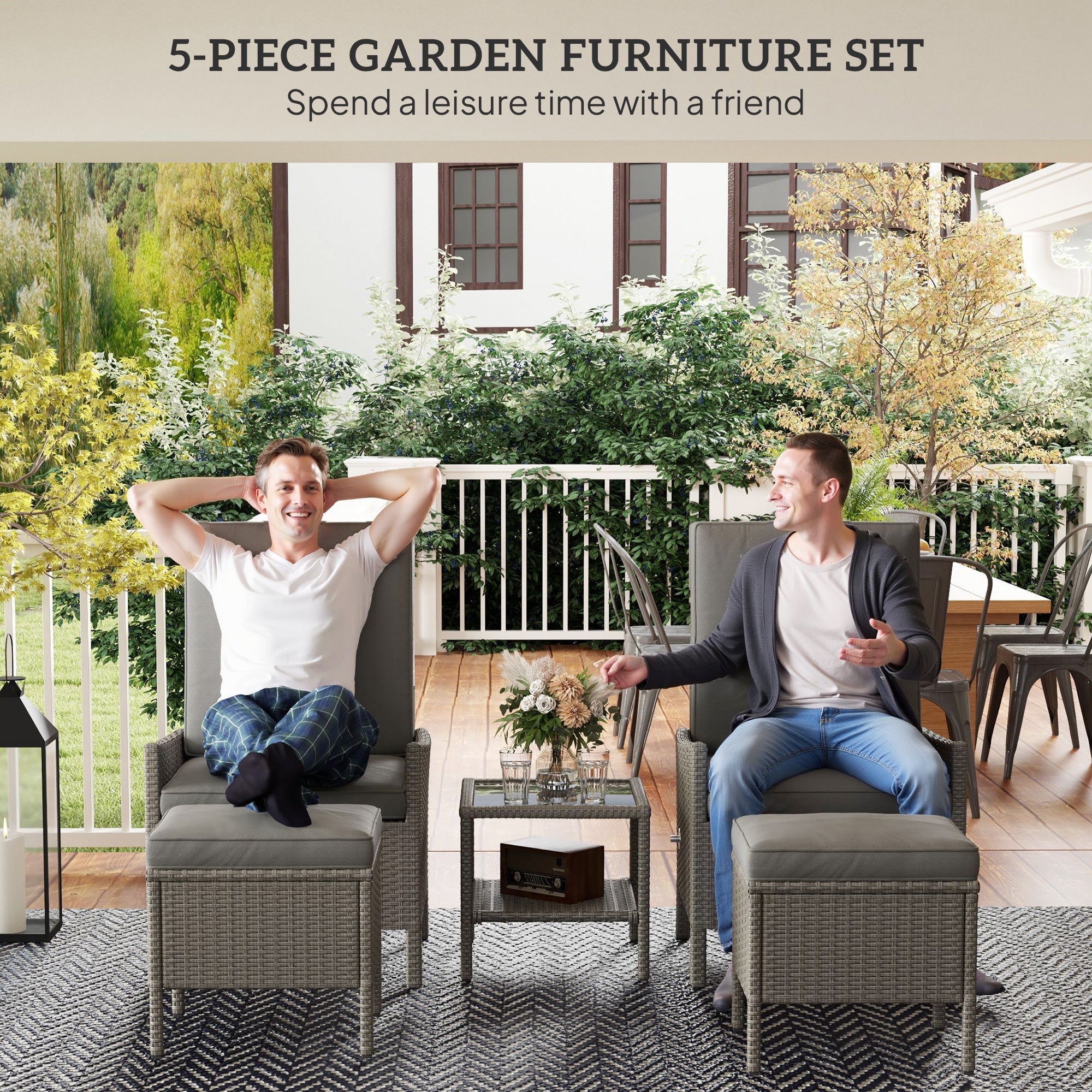 5 Piece Rattan Garden Furniture Set with Adjustable Armchairs and Glass Table, Dark Grey Wicker
