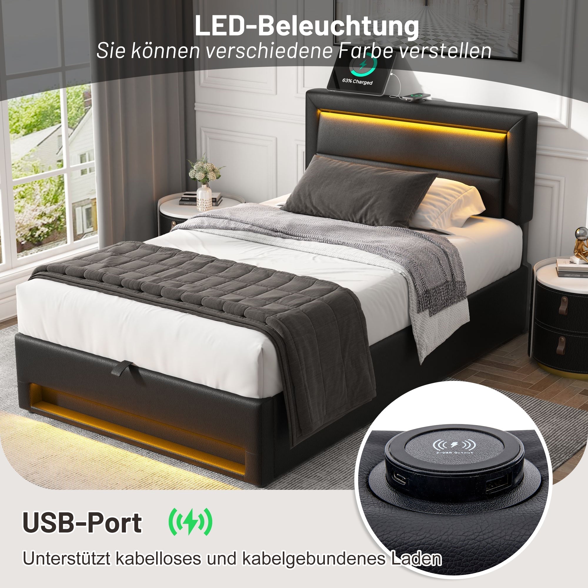 Upholstered Bed 90 x 190 cm with USB Charging, LED Lighting and Storage, Black PU Leather
