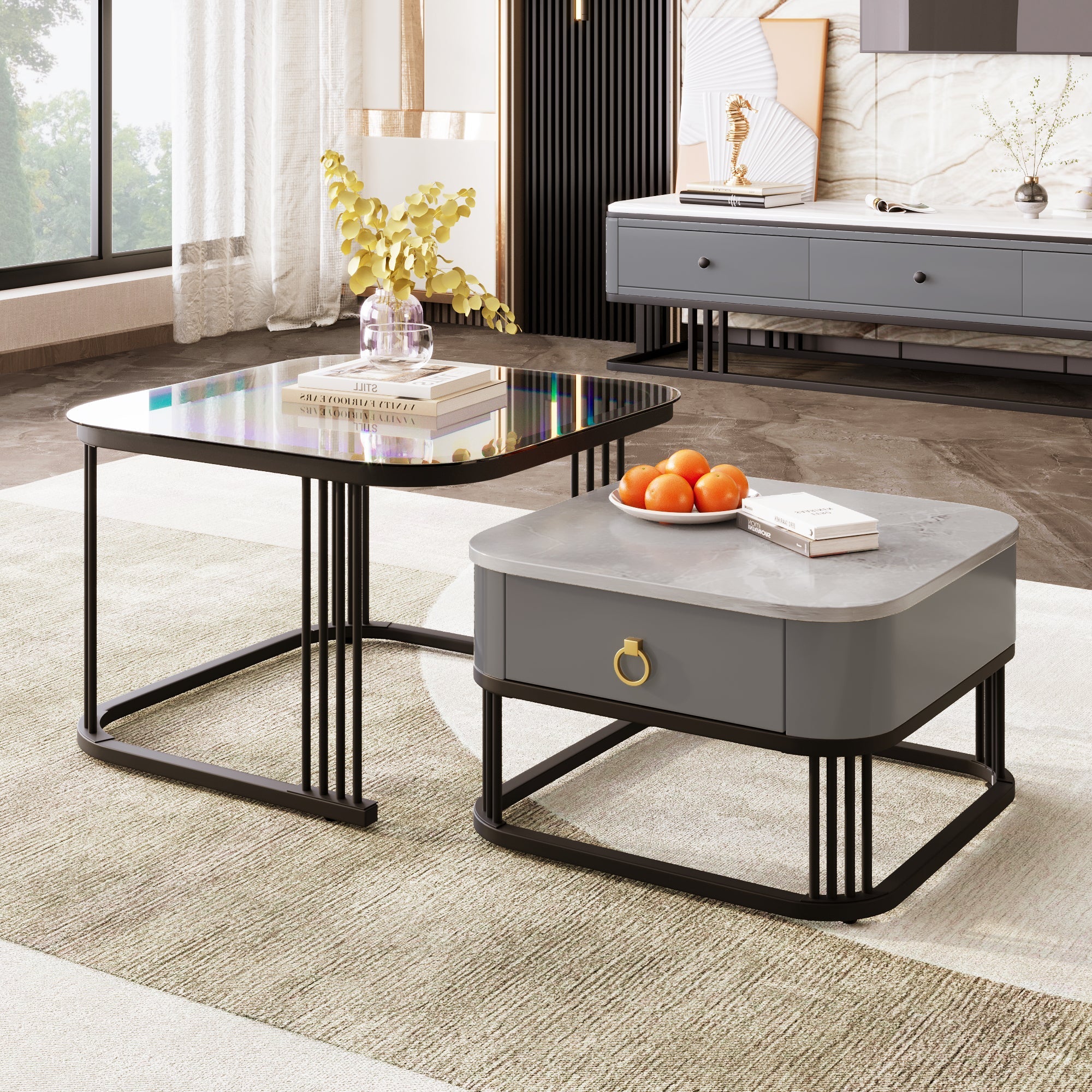 Stackable Coffee Table: High-Gloss Marble Look, Glass Top, Black Legs