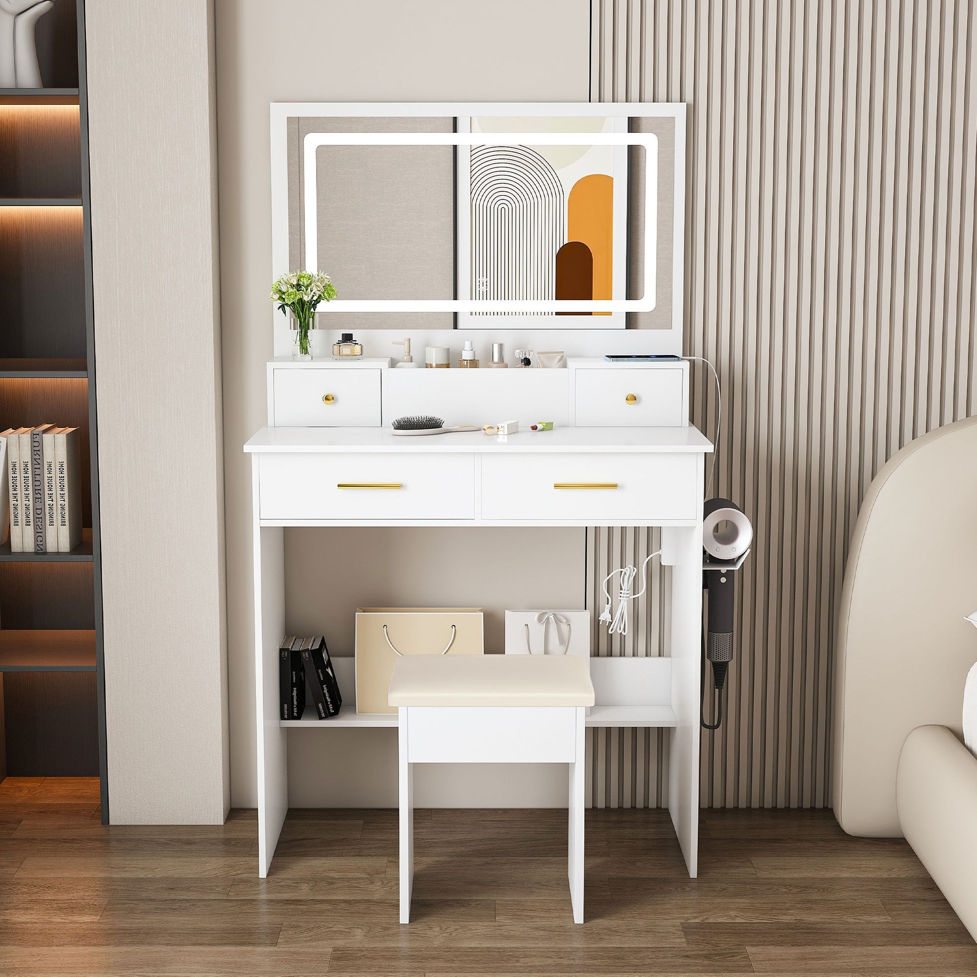 Dressing Table XXL Mirror Stool 4 Drawers LED Socket - White