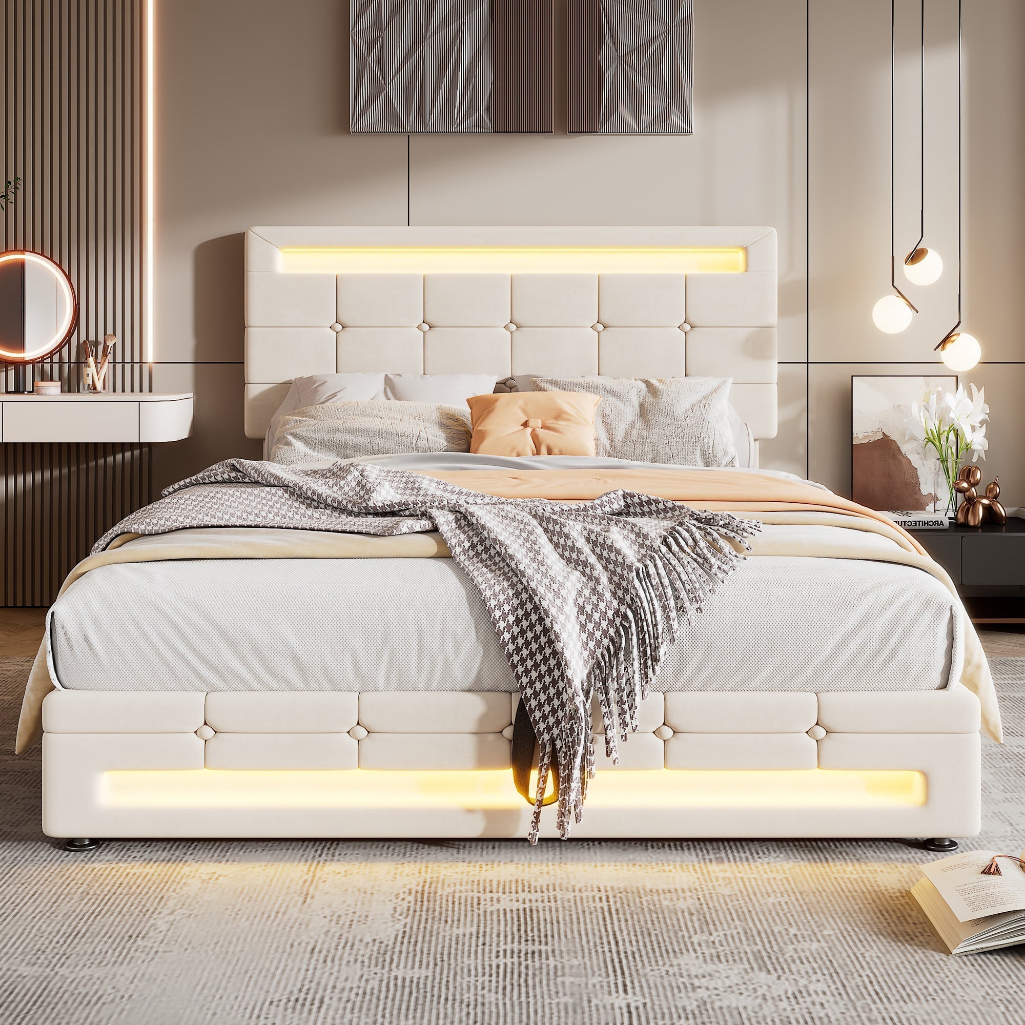 Upholstered Bed, Hydraulic 4ft6 Double 135x190cm with Square Embellishment & 7-Color LED, Velvet & Iron Beige