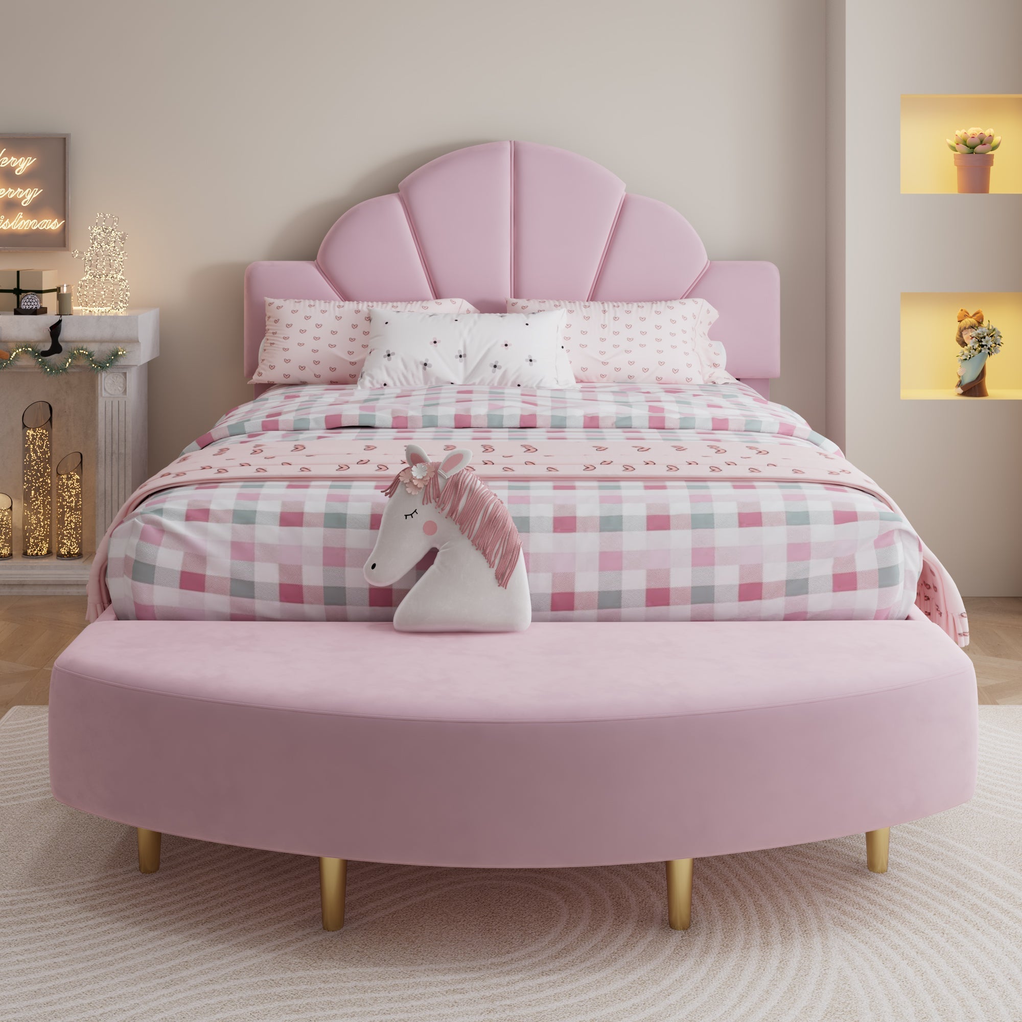 Upholstered Bed 140x200cm Velvet Headboard Matching Bench - Pink Velvet