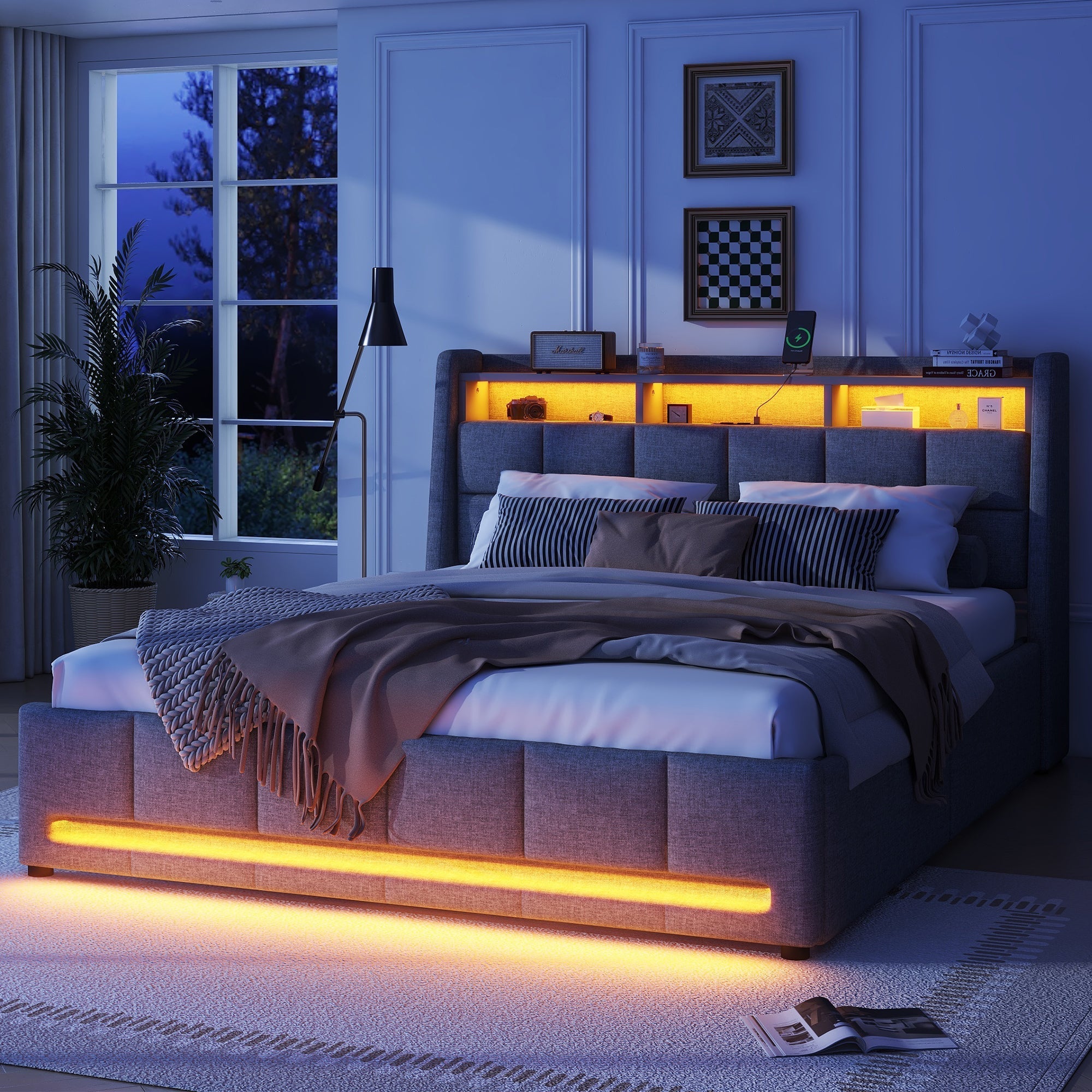 Upholstered Bed 140x200cm LED Light, Drawers, USB/Socket, Built-in Storage - Linen Grey