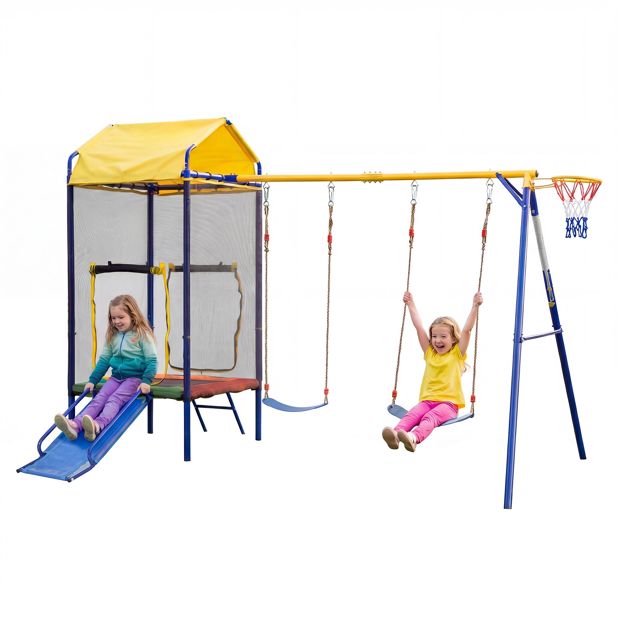 Multifunctional Outdoor Swing Set with Trampoline, Slide and Basketball Hoop, Sturdy Iron Frame