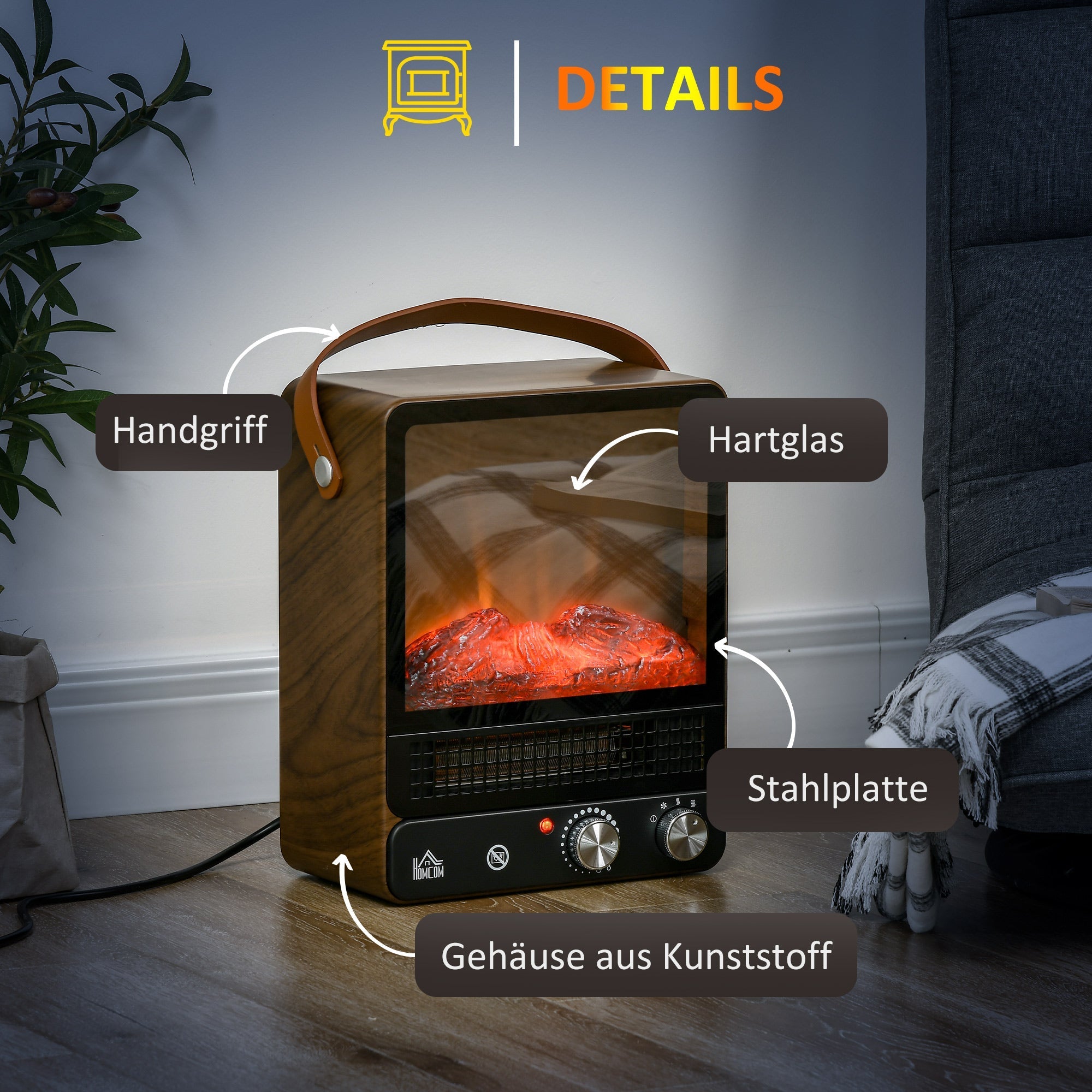 Electric Fireplace, 750/1500W, Flame Effect, Freestanding, Metal