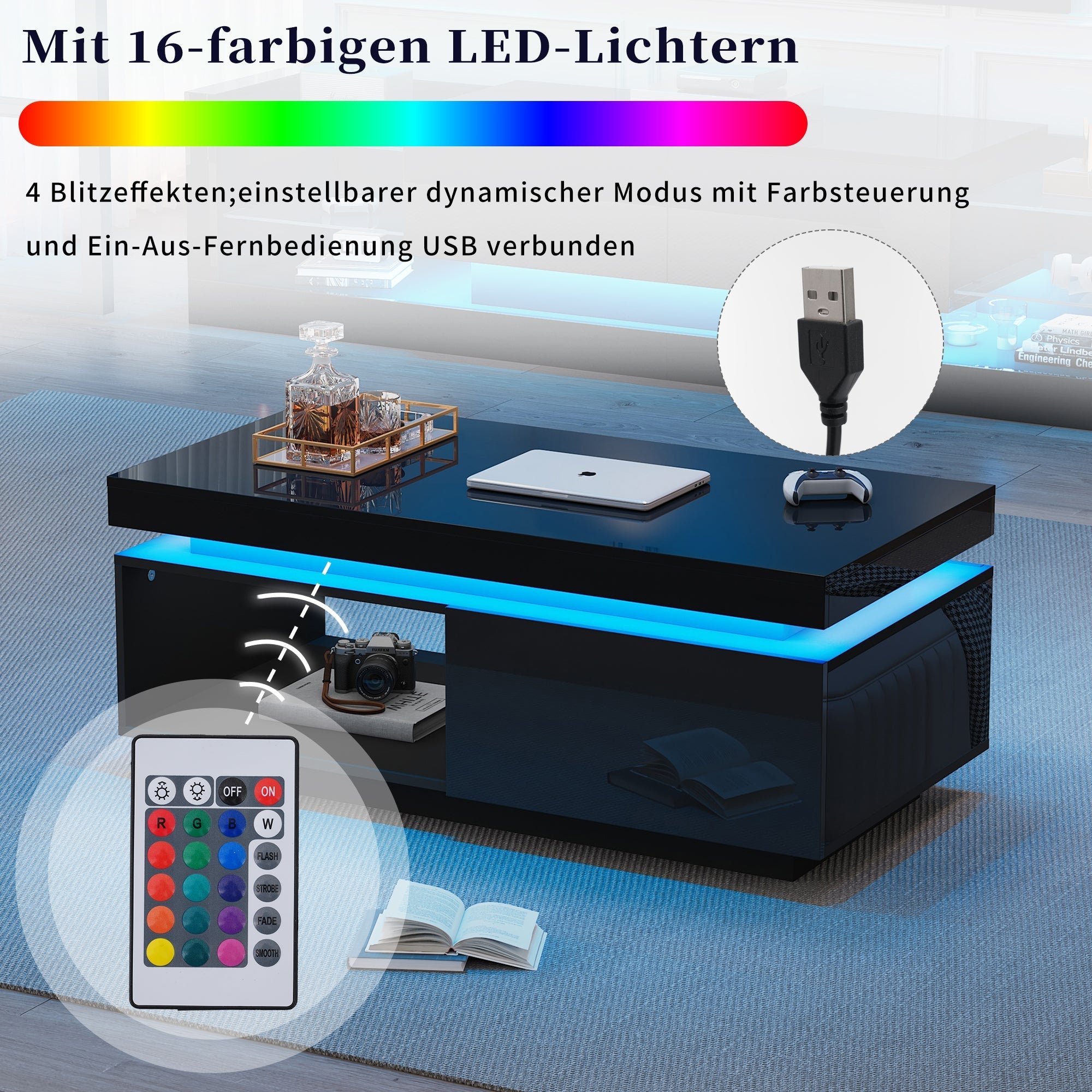 Coffee Table LED Lighting Drawer 100x50x40.3cm High-Gloss
