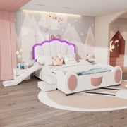 Cartoon Butterfly Bed 140x200cm LED Light Slide Ladder - Pink/White PU