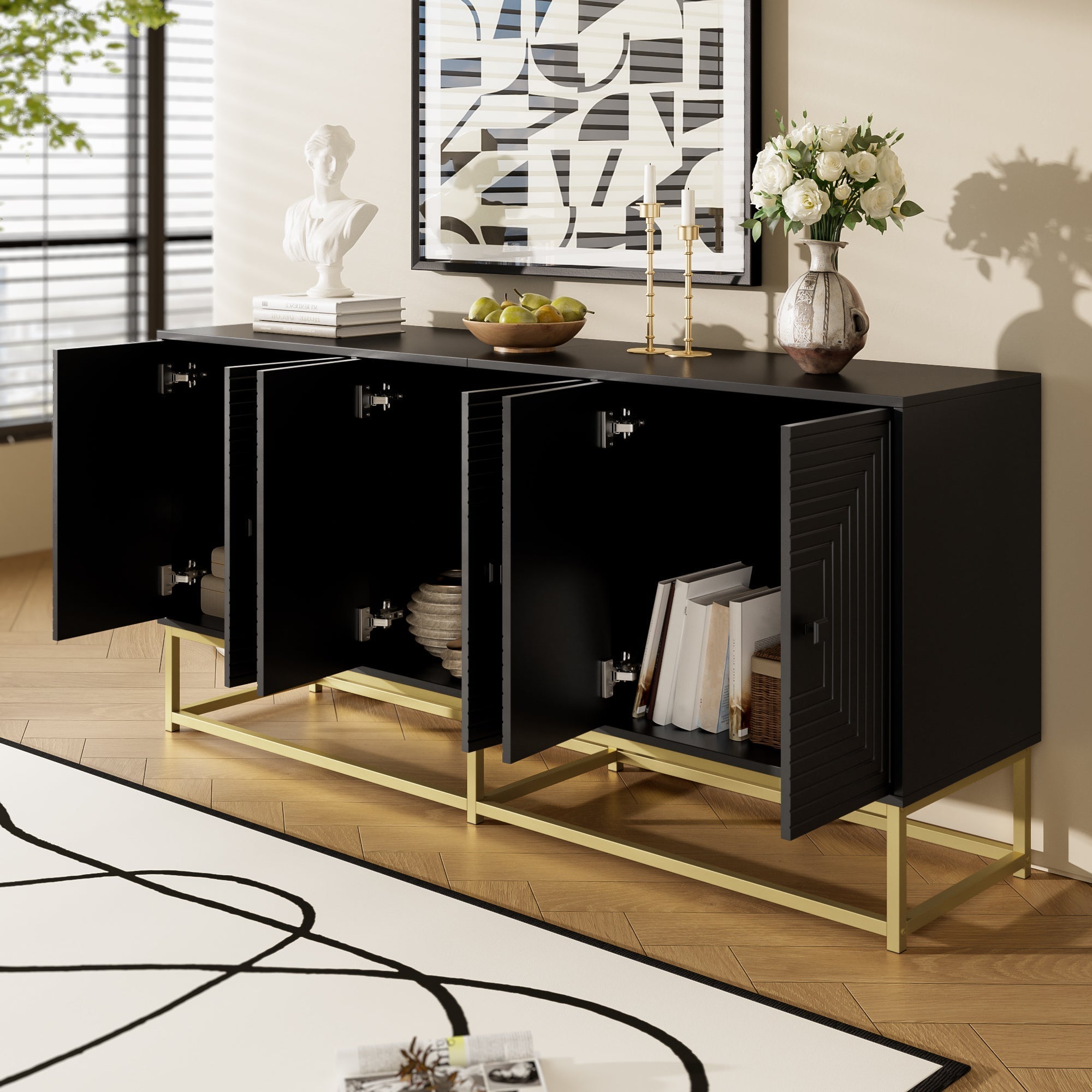 Storage Cabinet Sideboard with 3 Double Doors, Large Storage, Matte Black