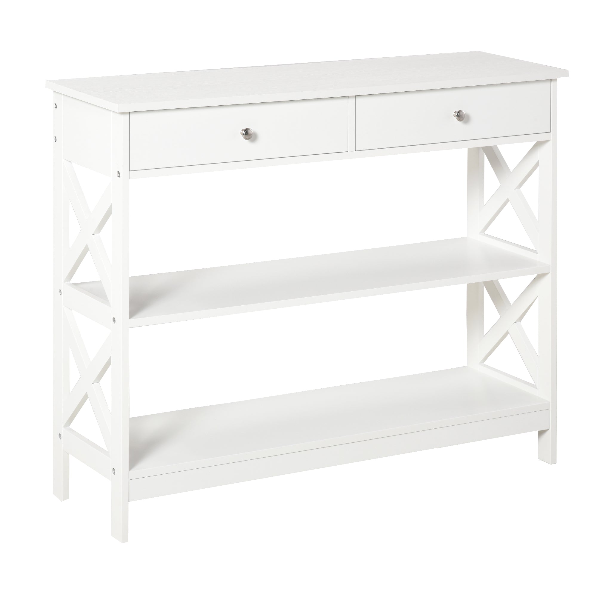 Console Table Side Desk with Shelves Drawers X-Frame, White