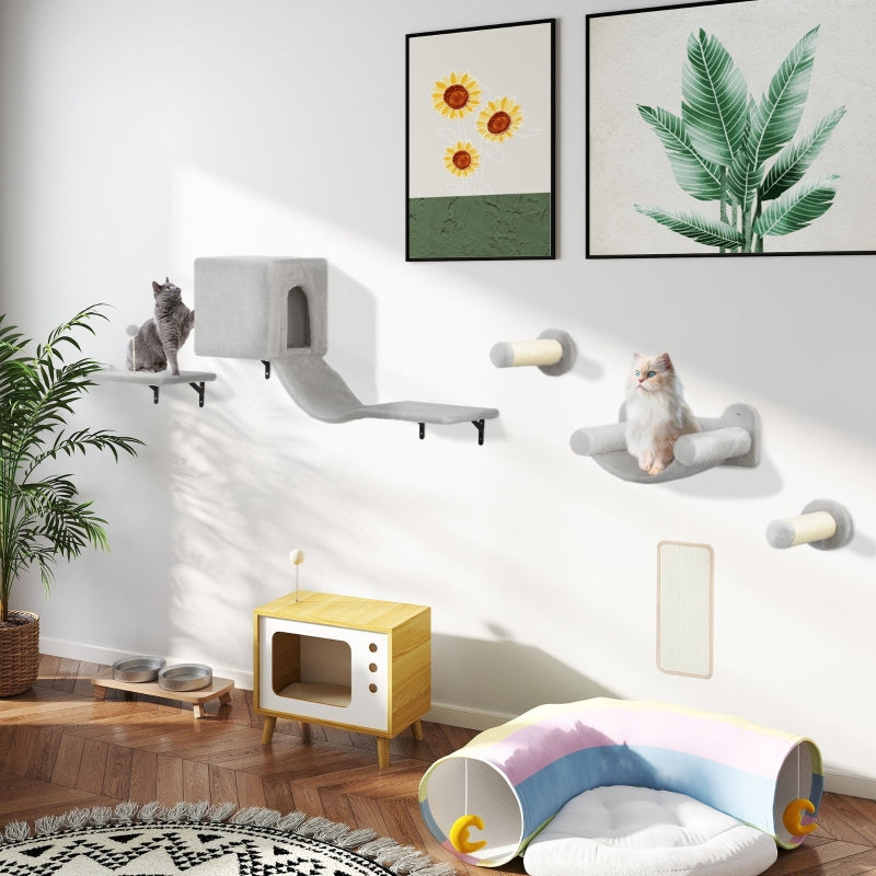 PwaHut Cat Climbing Wall Set with Cat House, Hammock, Scratching Post, Grey