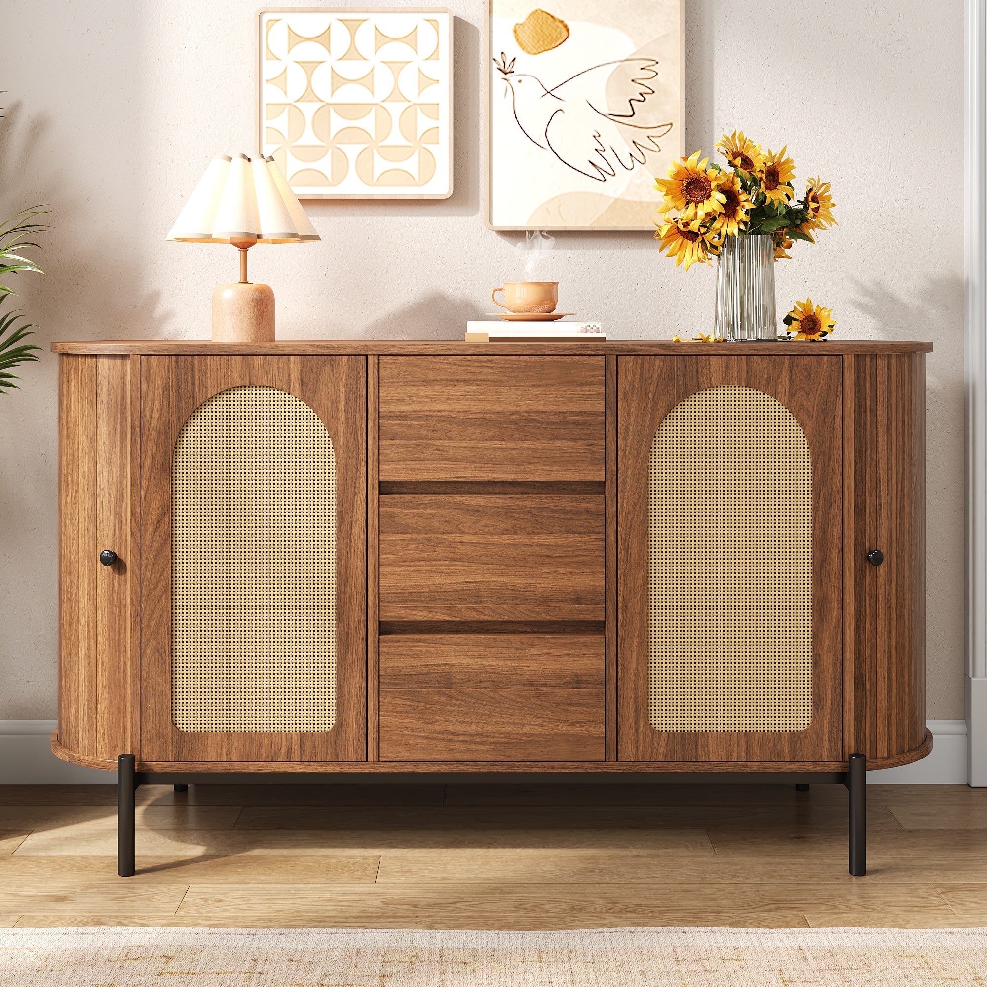 Oval Sideboard with Rattan Sliding Doors and Drawers, Wood Look and Metal